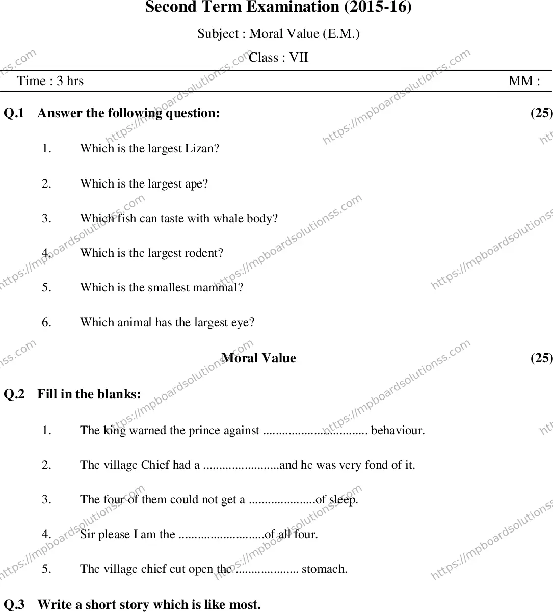 MP Board Class 7 Moral value EM-718017 Final Paper 2016 Image 1