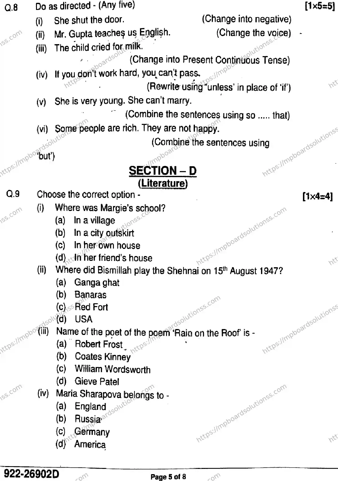 MP Board Class 9 English-289067 Final Paper 2026 Image 5