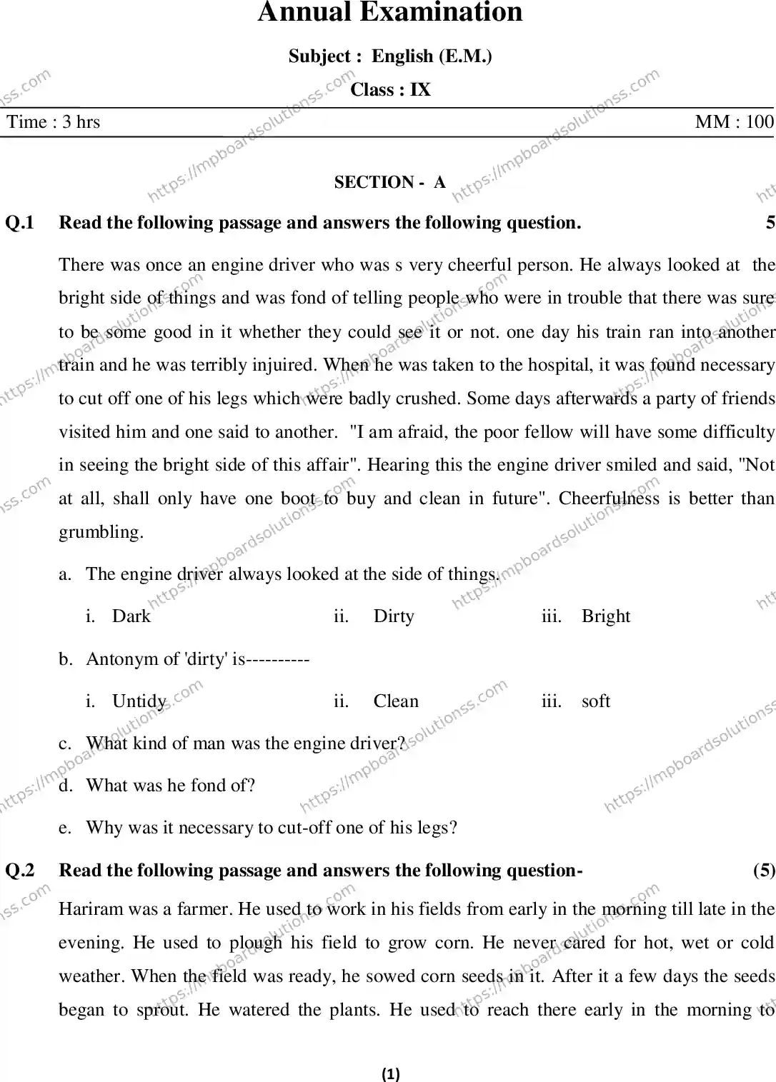 MP Board Class 9 English-304895 Final Paper 2015 Image 1