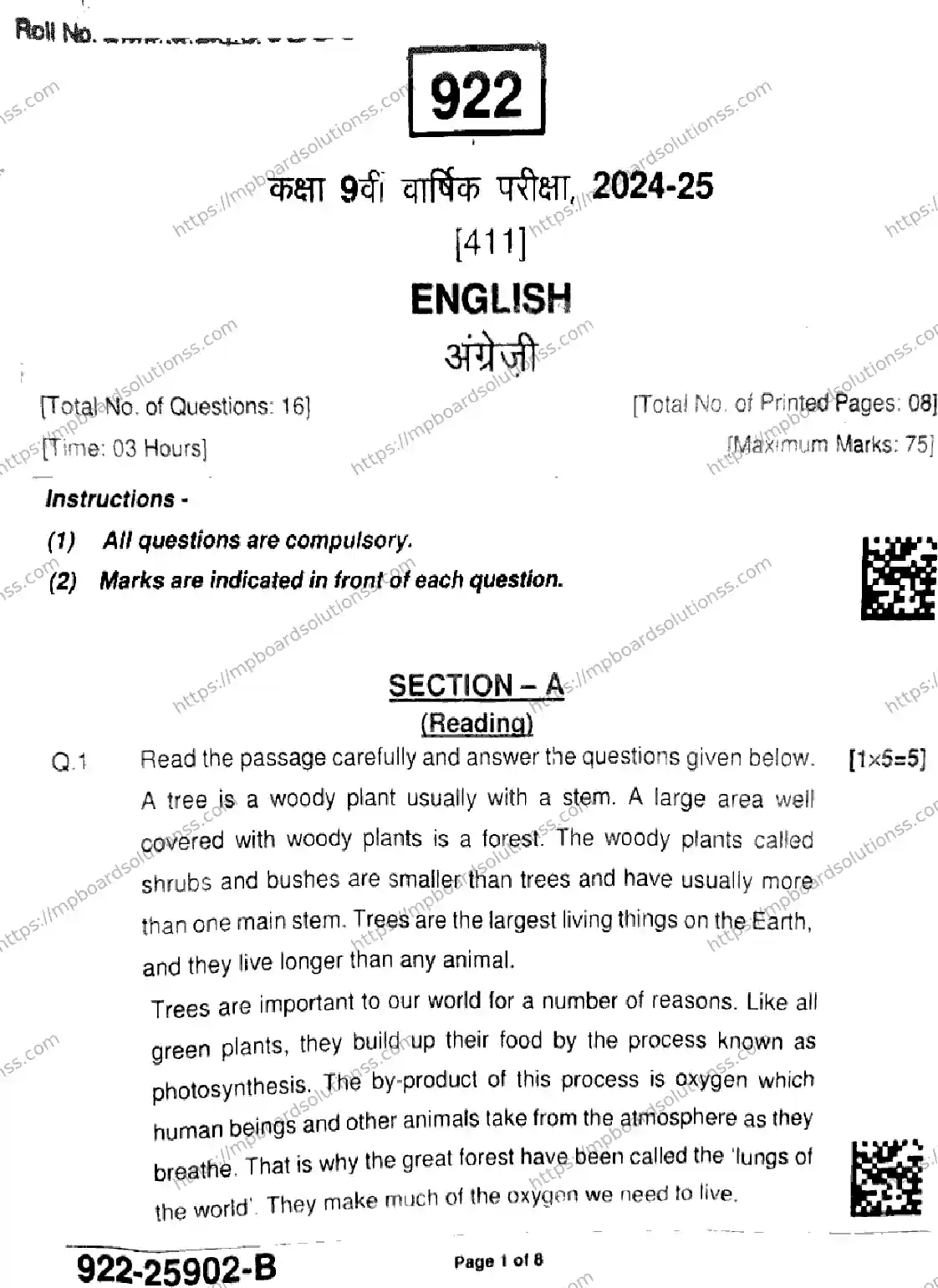 MP Board Class 9 English-333329 Final Paper 2025 Image 1