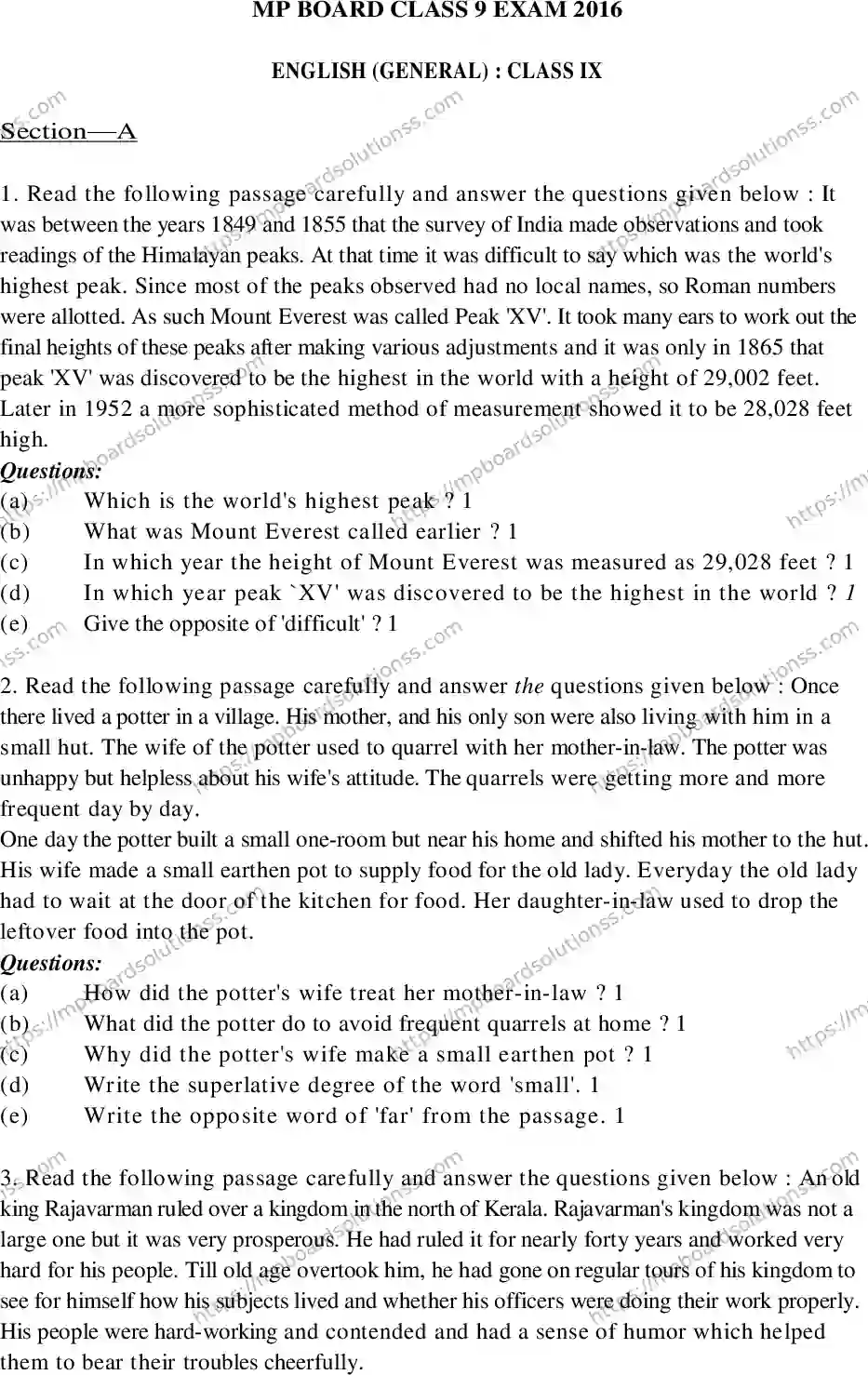 MP Board Class 9 English-449534 Final Paper 2016 Image 1