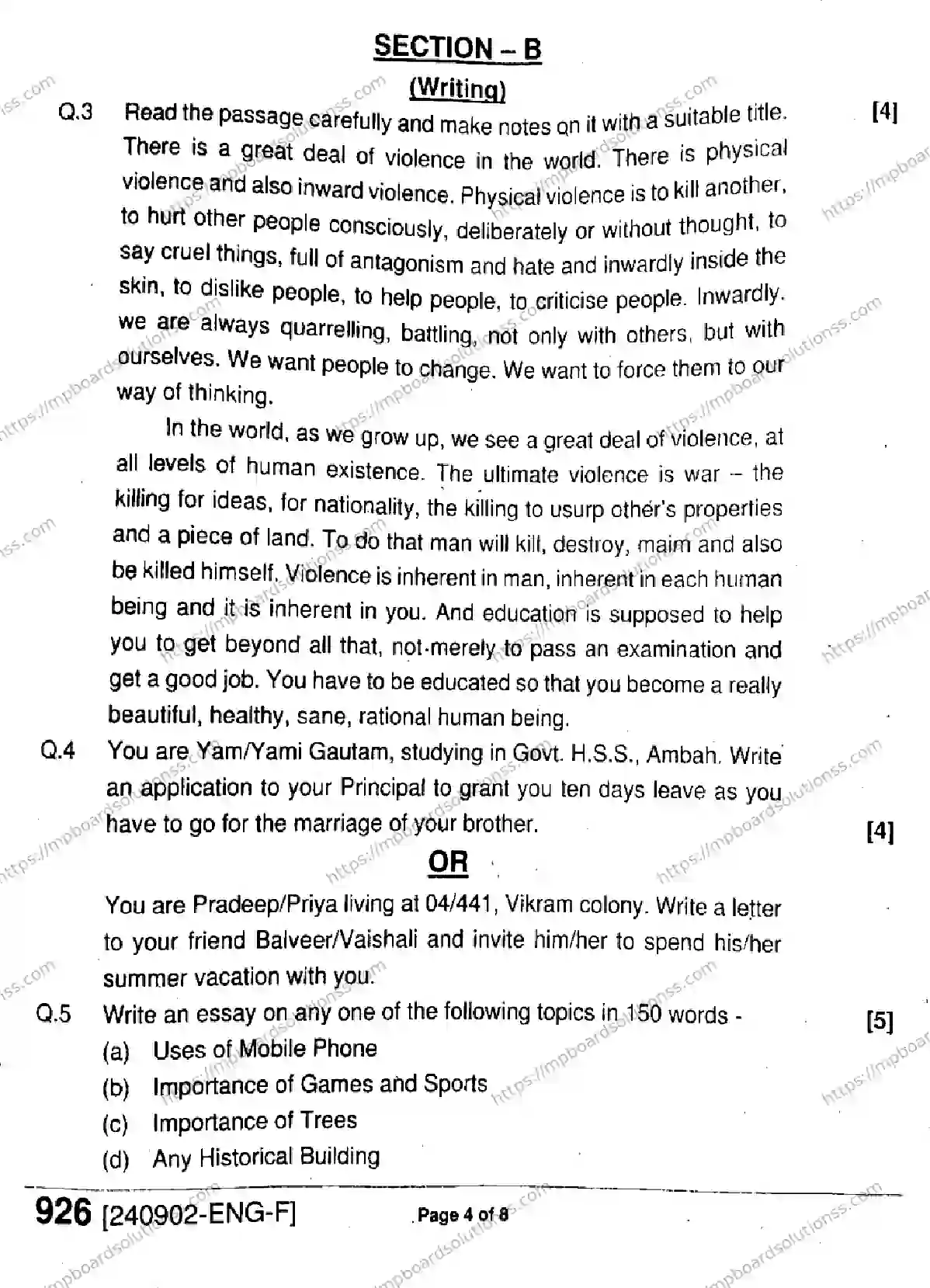 MP Board Class 9 English-739259 Final Paper 2024 Image 4