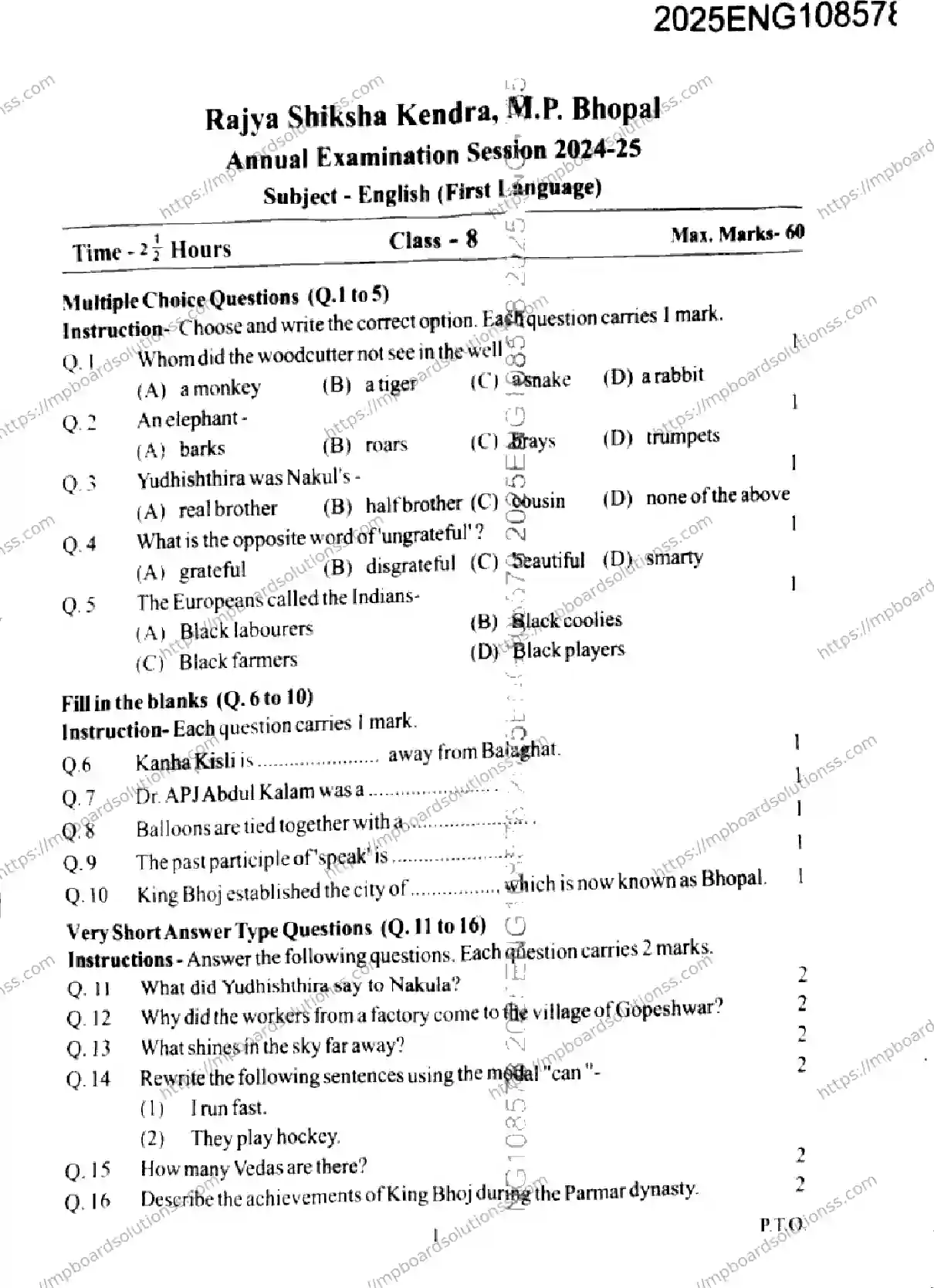 MP Board Class 9 English FL-191168 Final Paper 2025 Image 1