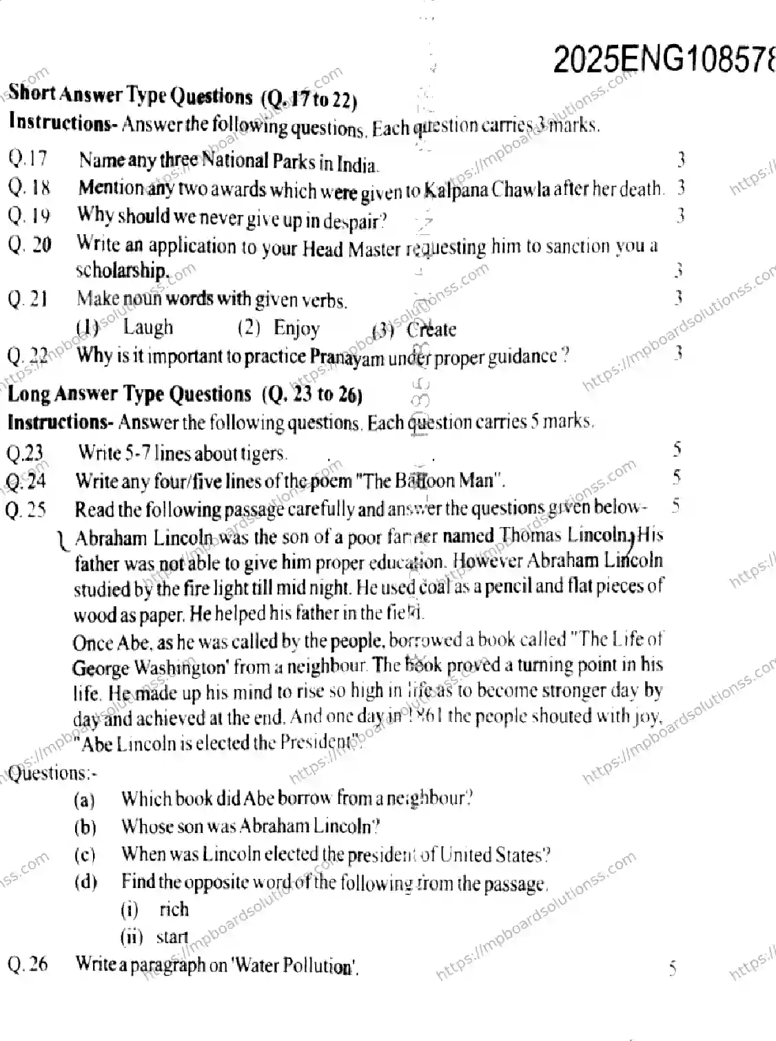 MP Board Class 9 English FL-191168 Final Paper 2025 Image 2