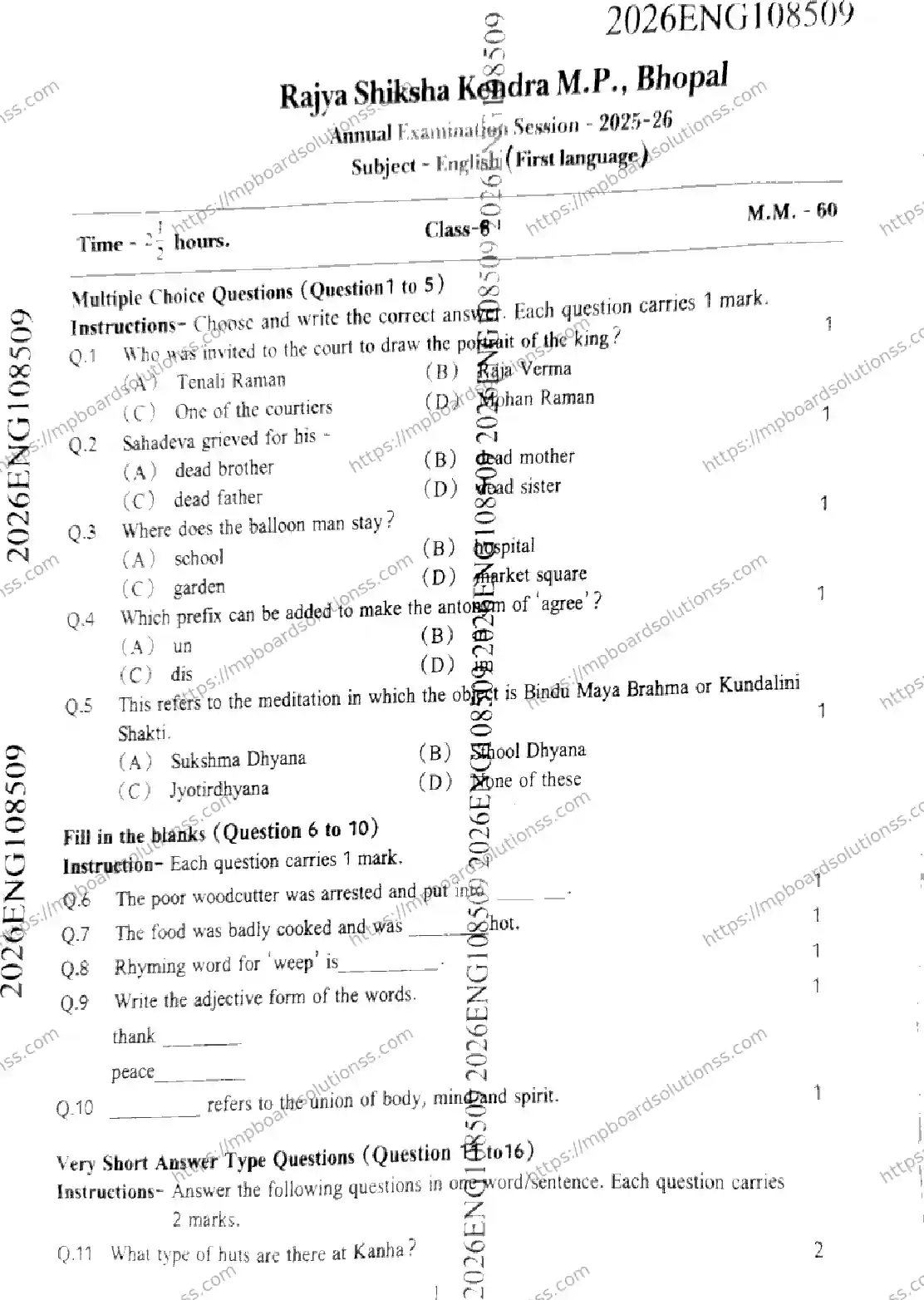 MP Board Class 9 English FL-325560 Final Paper 2026 Image 1
