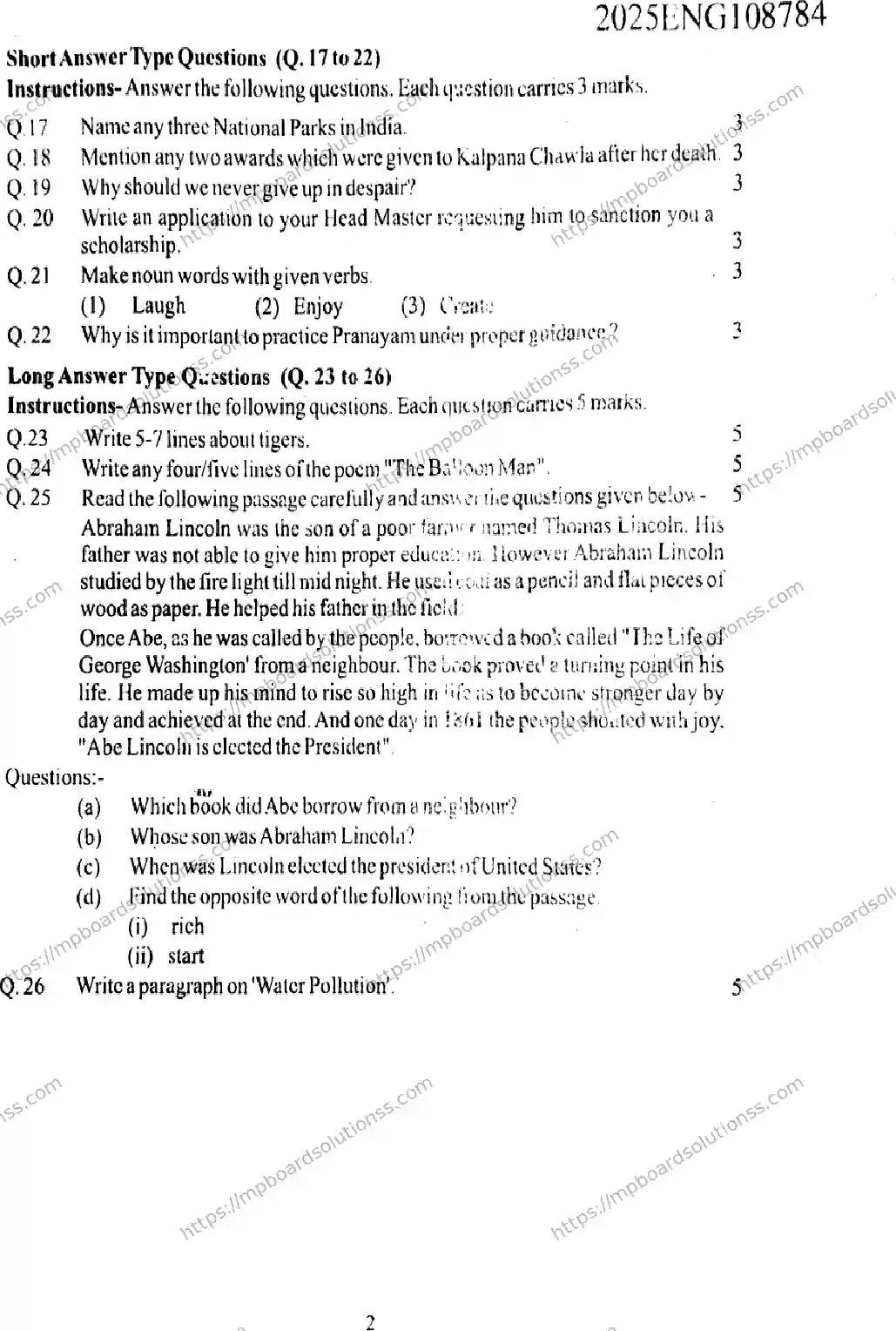 MP Board Class 9 English FL-693847 Final Paper 2025 Image 2
