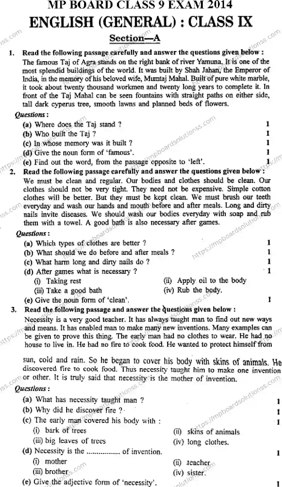 MP Board Class 9 English General-511304 Final Paper 2014 Image 1