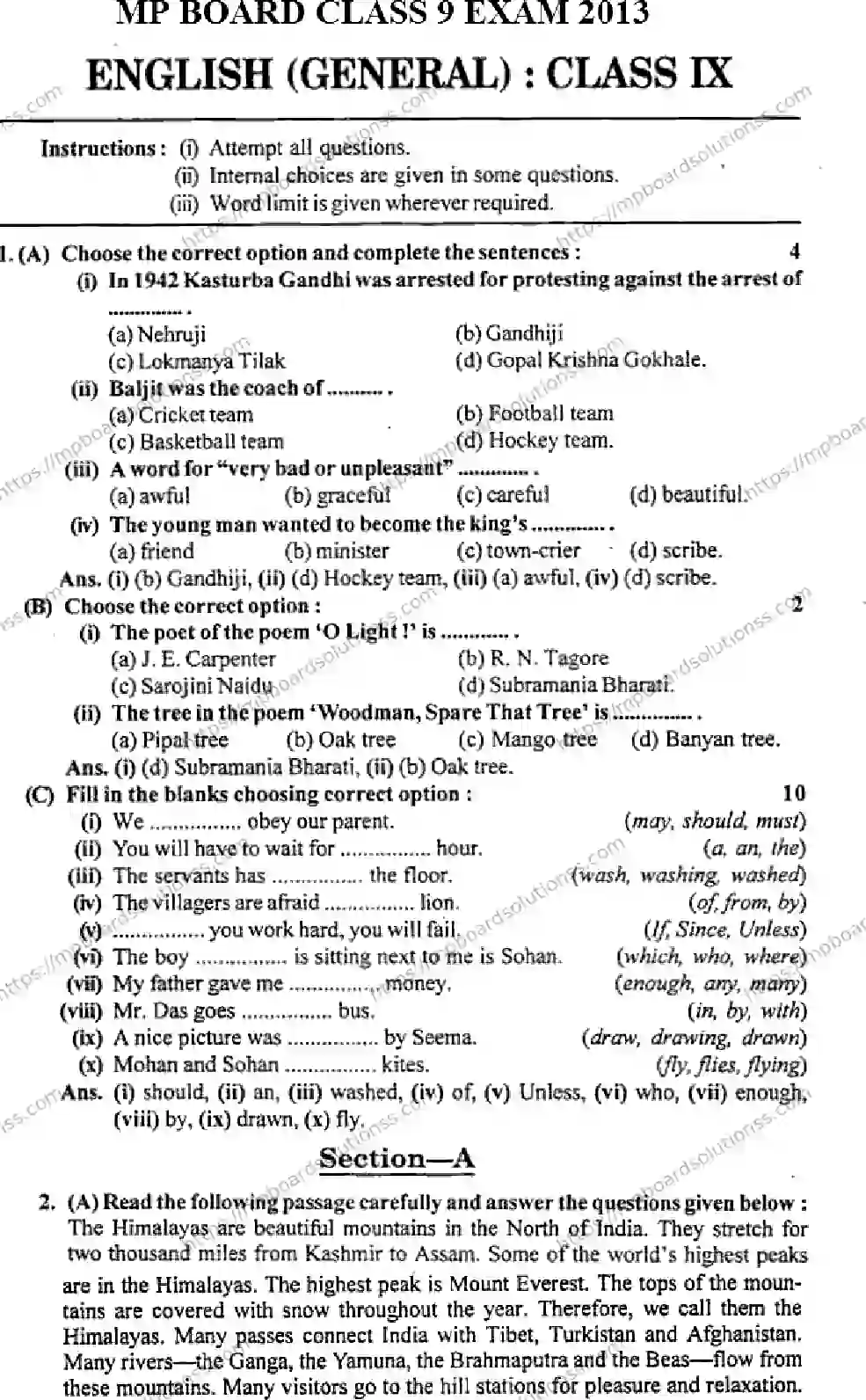 MP Board Class 9 English General-864333 Final Paper 2013 Image 1