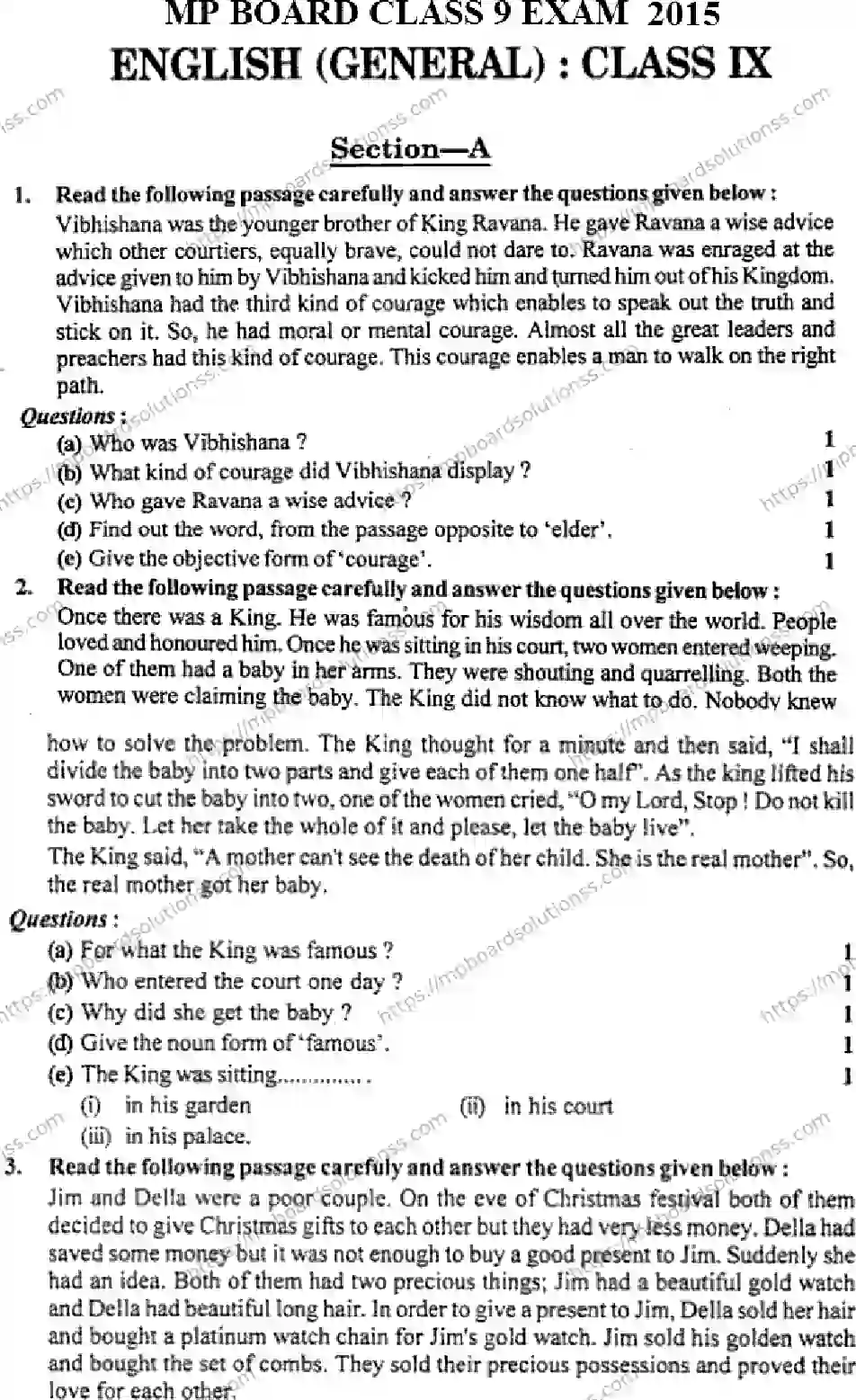 MP Board Class 9 English General HM-986839 Final Paper 2015 Image 1