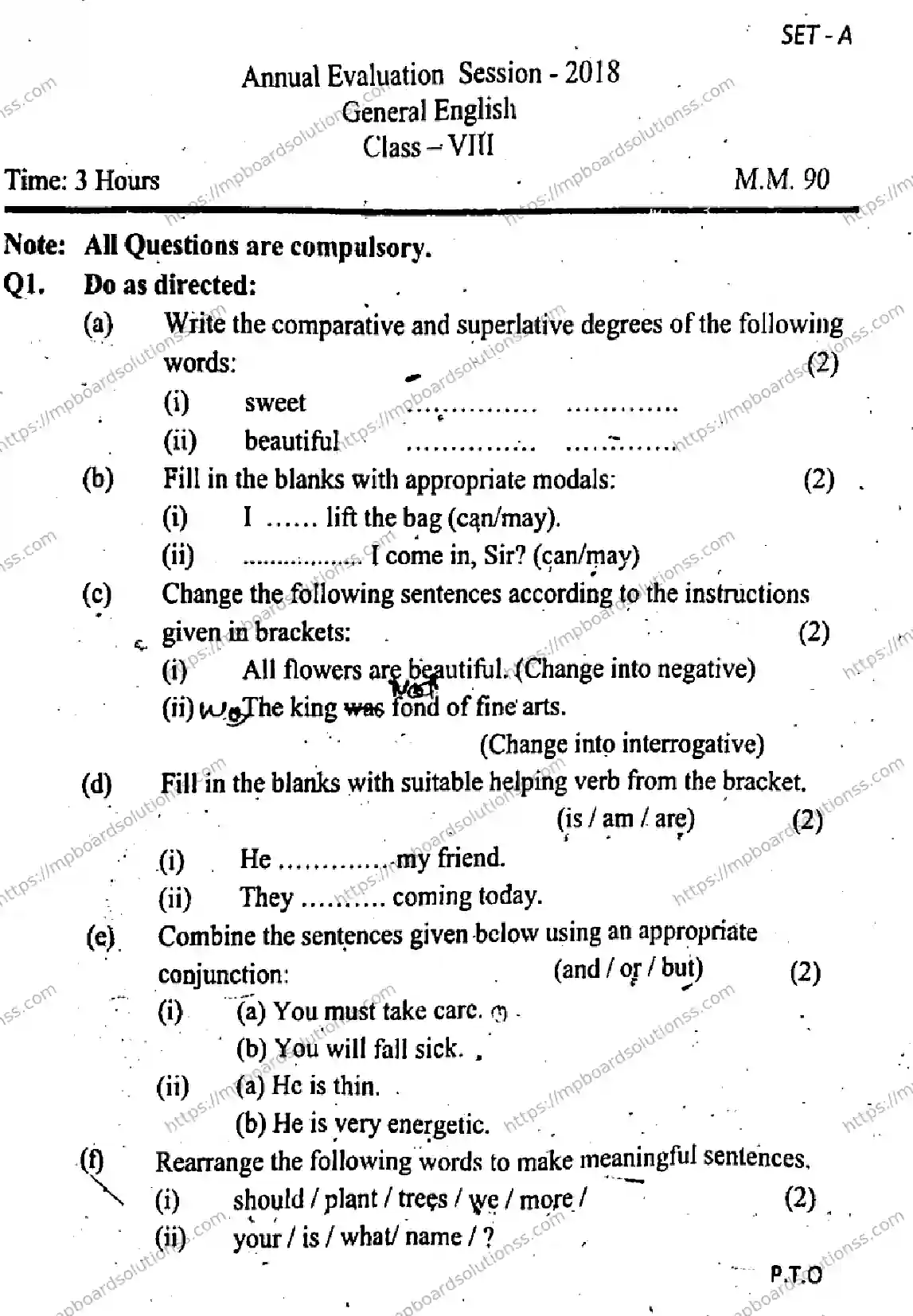 MP Board Class 9 English General Set A-776342 Final Paper 2018 Image 1