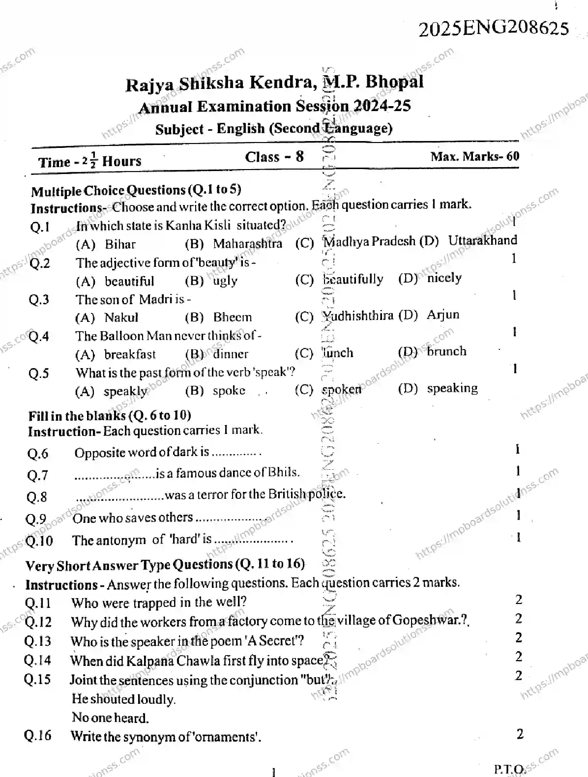 MP Board Class 9 English SL-203377 Final Paper 2025 Image 1