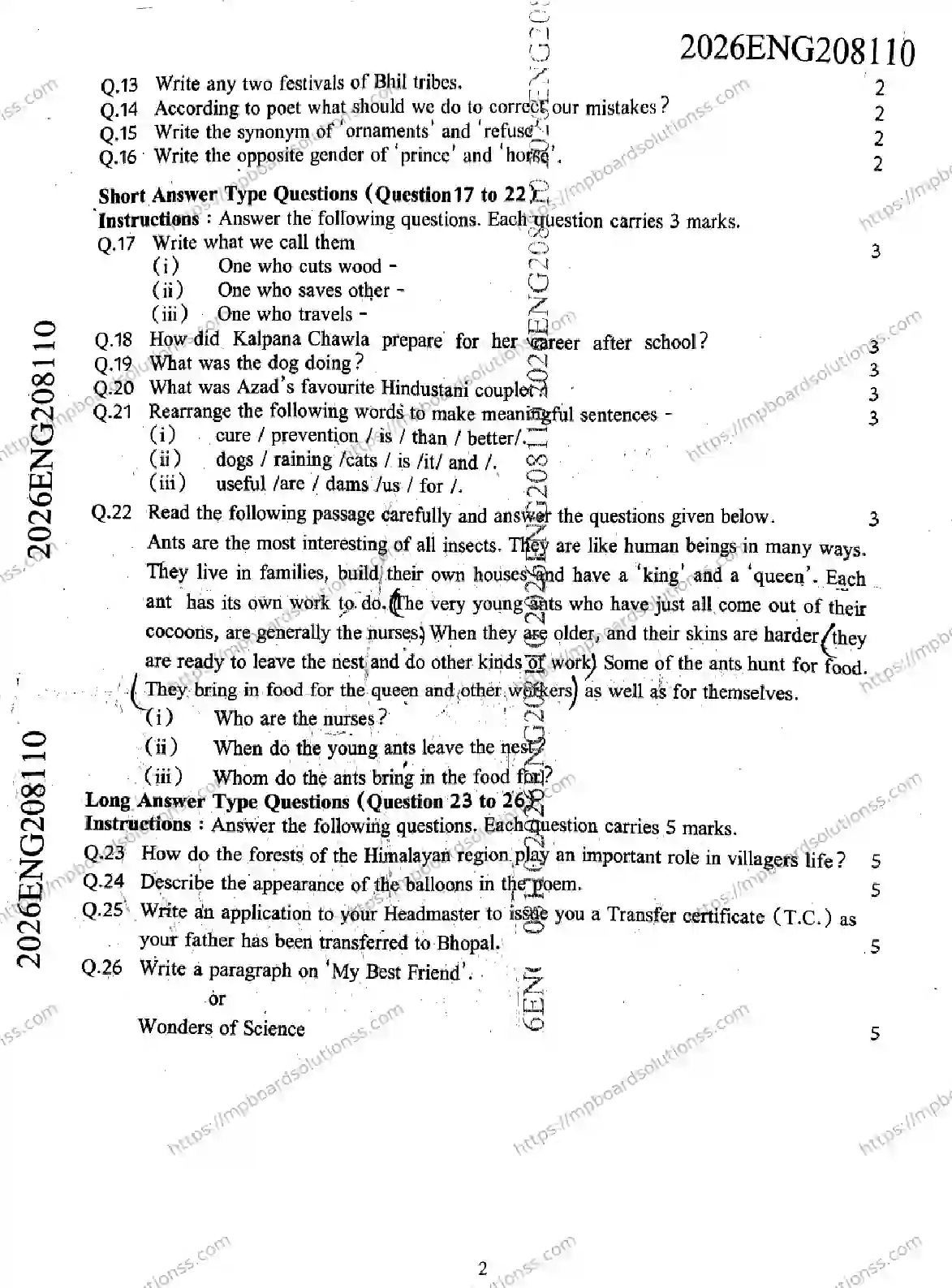 MP Board Class 9 English SL-652466 Final Paper 2026 Image 2