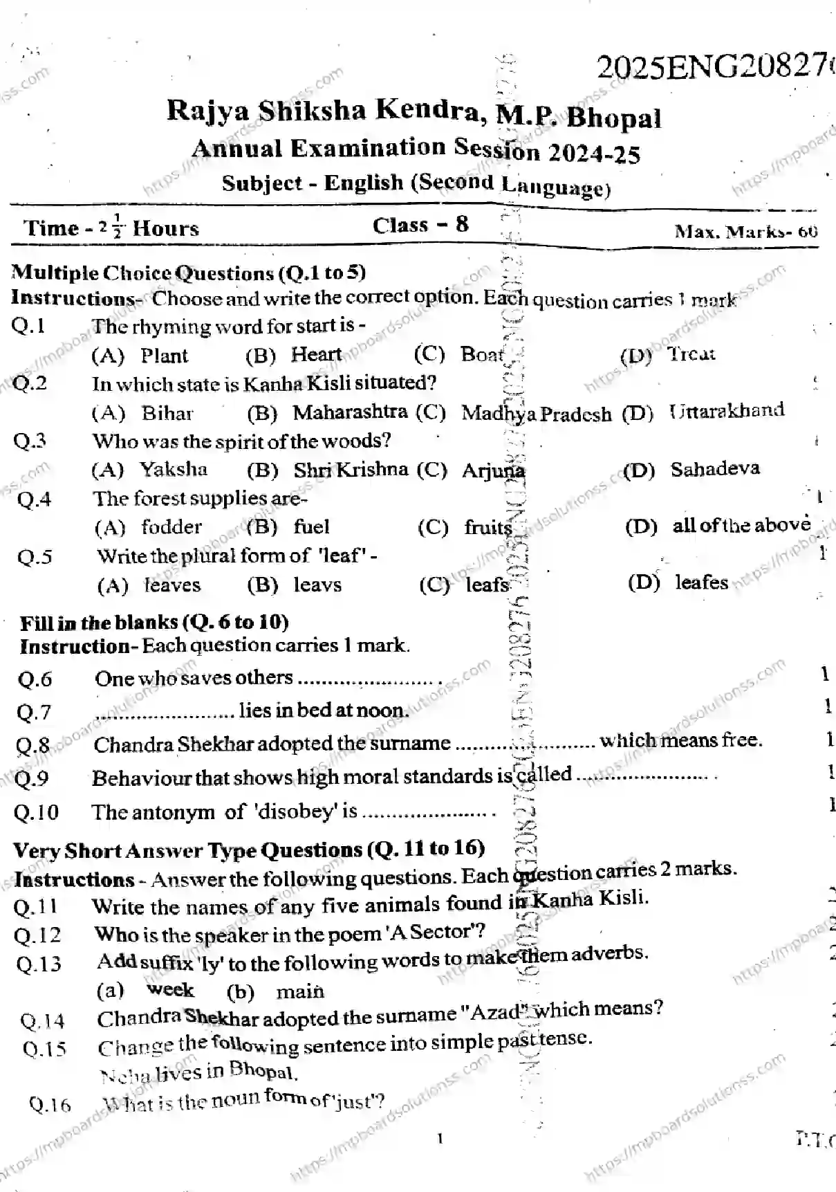 MP Board Class 9 English SL-826020 Final Paper 2025 Image 1