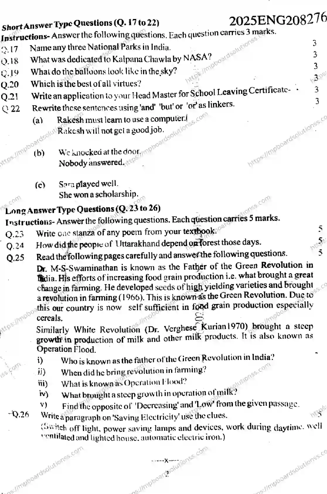 MP Board Class 9 English SL-826020 Final Paper 2025 Image 2