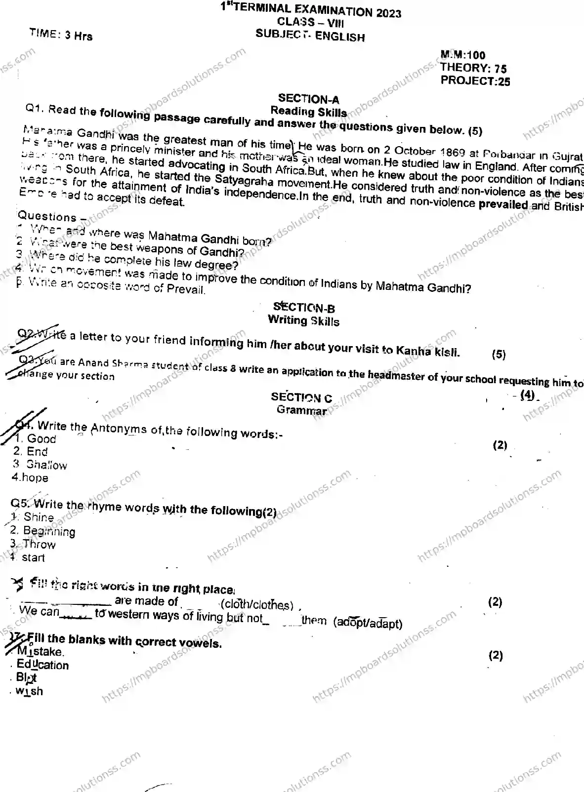 MP Board Class 9 English T-901121 Final Paper 2023 Image 1
