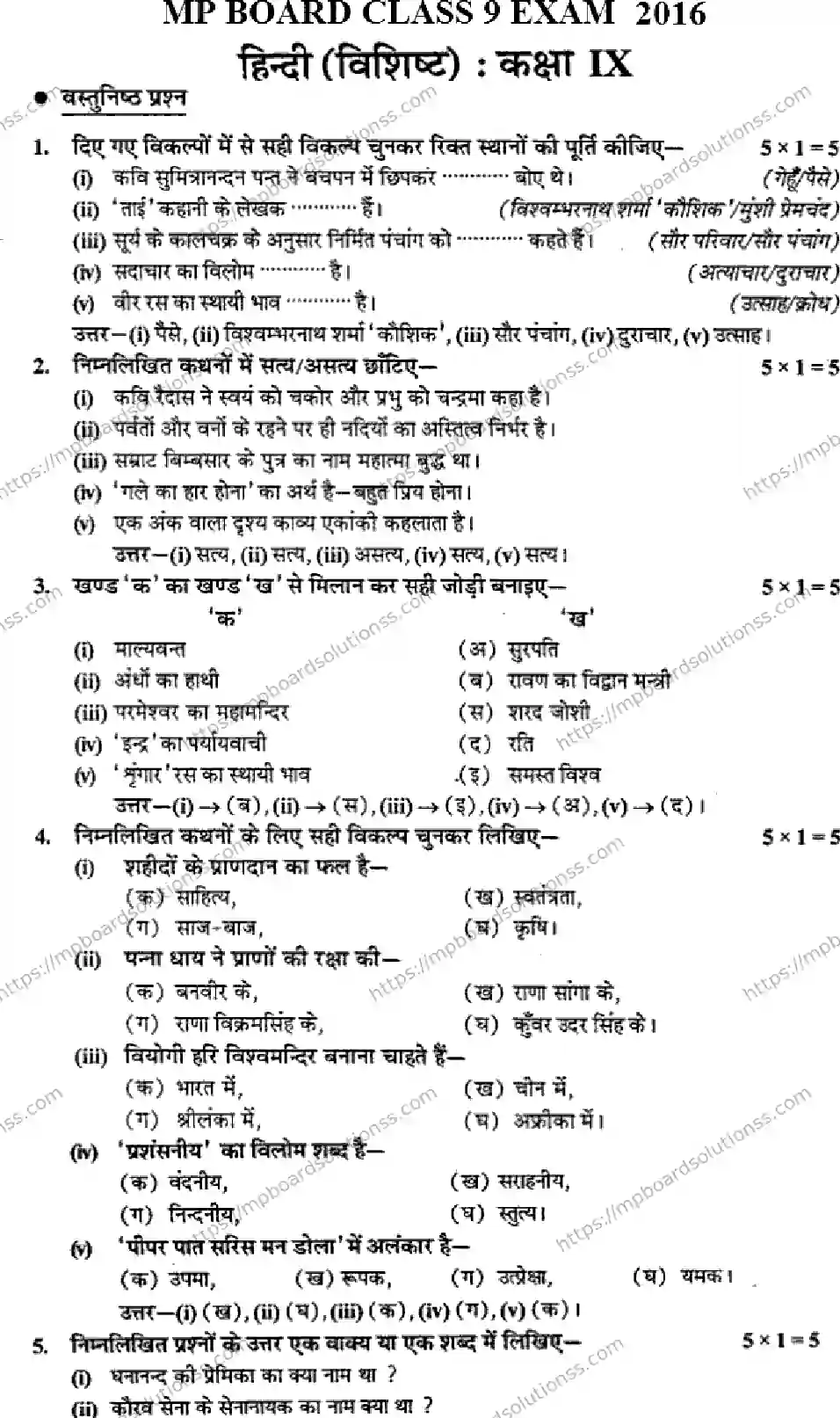 MP Board Class 9 Hindi General-313012 Final Paper 2016 Image 1