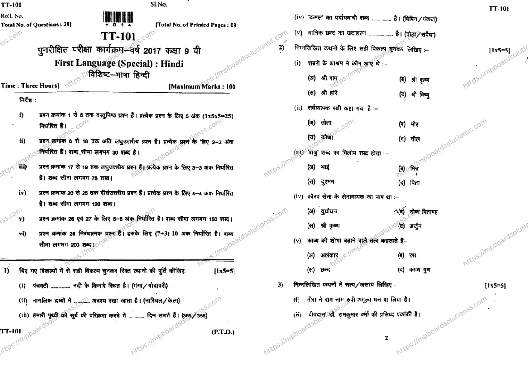 MP Board Class 9 Hindi Special HM-848693 Final Paper 2017 Image 1
