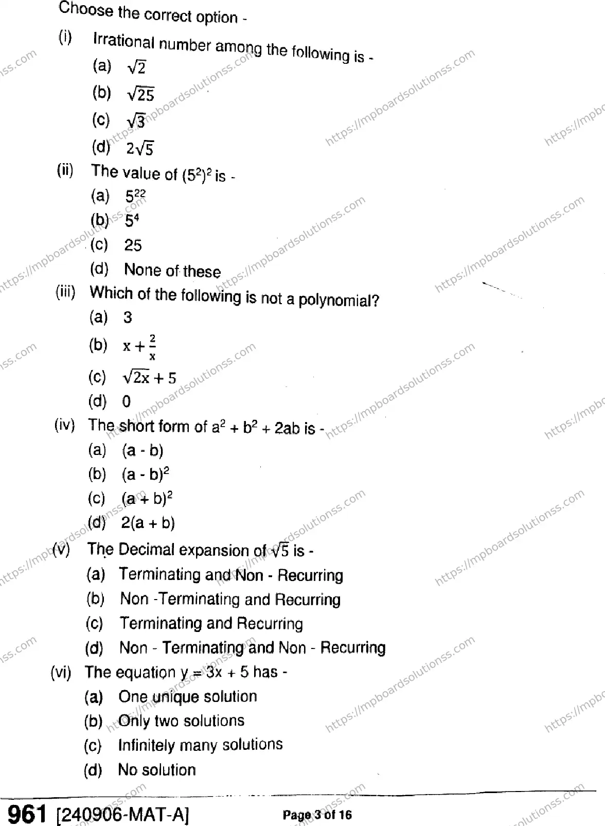 MP Board Class 9 Mathematics-206907 Final Paper 2024 Image 3