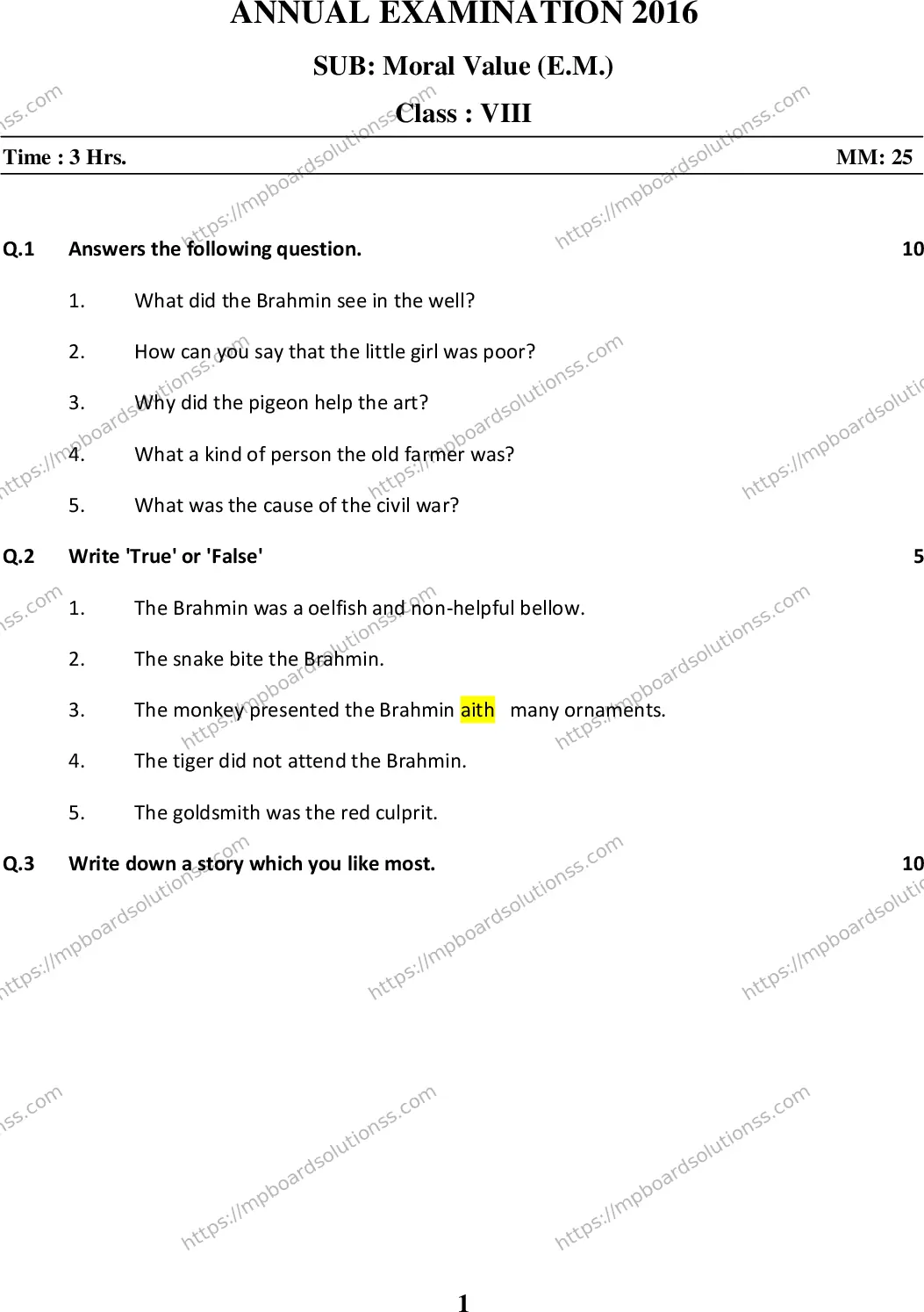 MP Board Class 9 Moral value EM-985645 Final Paper 2016 Image 1