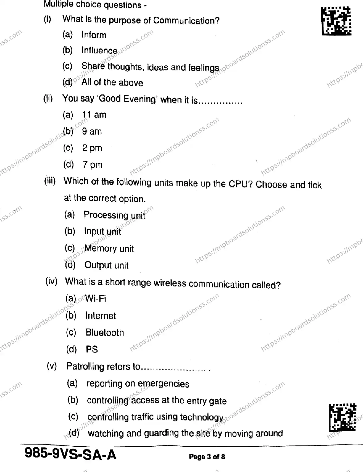 MP Board Class 9 Private Security Security Guard-166347 Final Paper 2025 Image 3