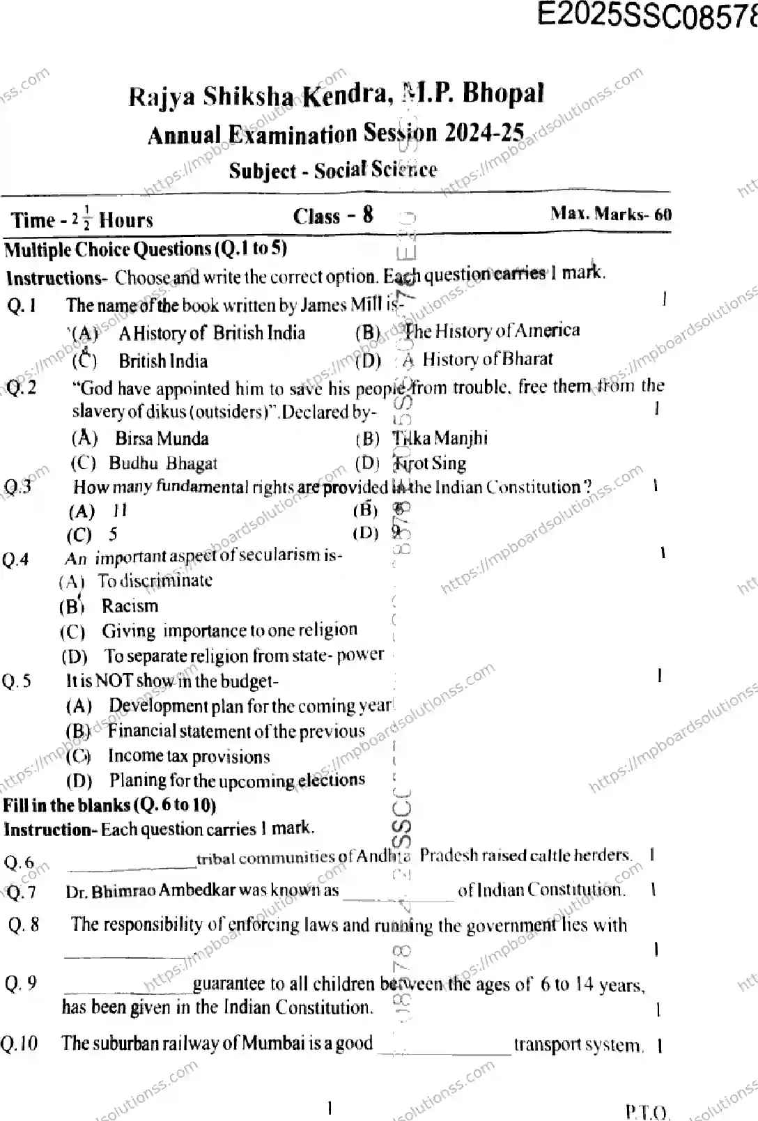 MP Board Class 9 Social Science-233290 Final Paper 2025 Image 1