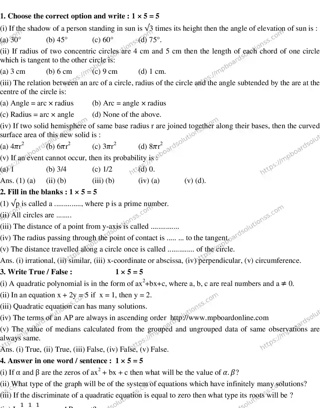 MP Board CLASS 10 EM-MATHEMATICS-SET-2 2020 Sample Paper Image 1