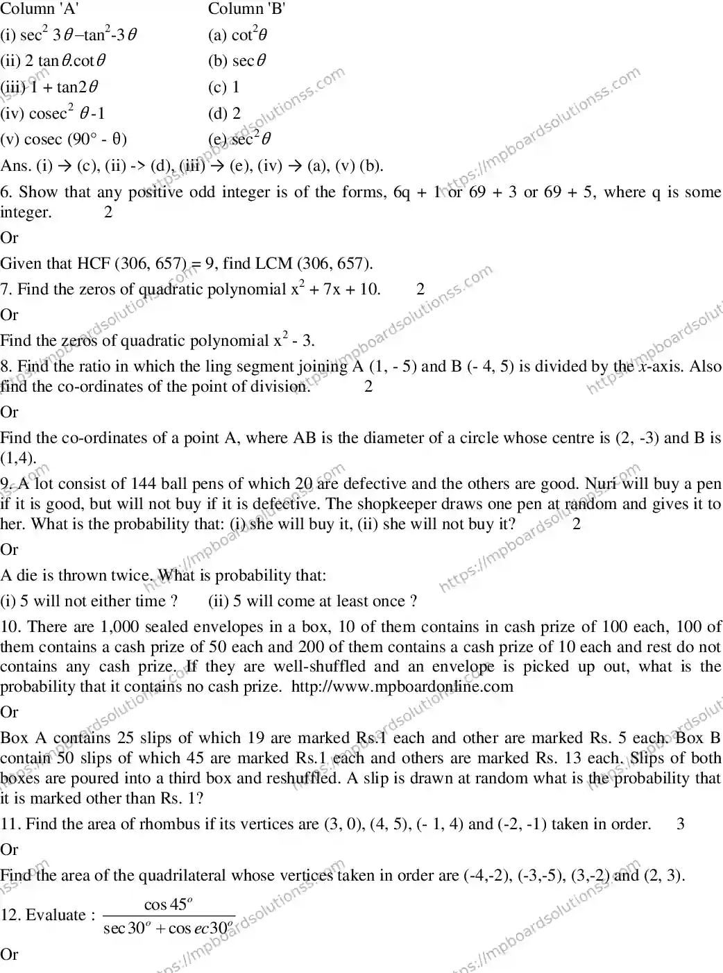 MP Board CLASS 10 EM-MATHEMATICS-SET-2 2020 Sample Paper Image 2