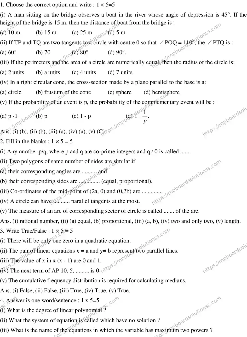 MP Board CLASS 10 EM-MATHEMATICS-SET-3 2020 Sample Paper Image 1