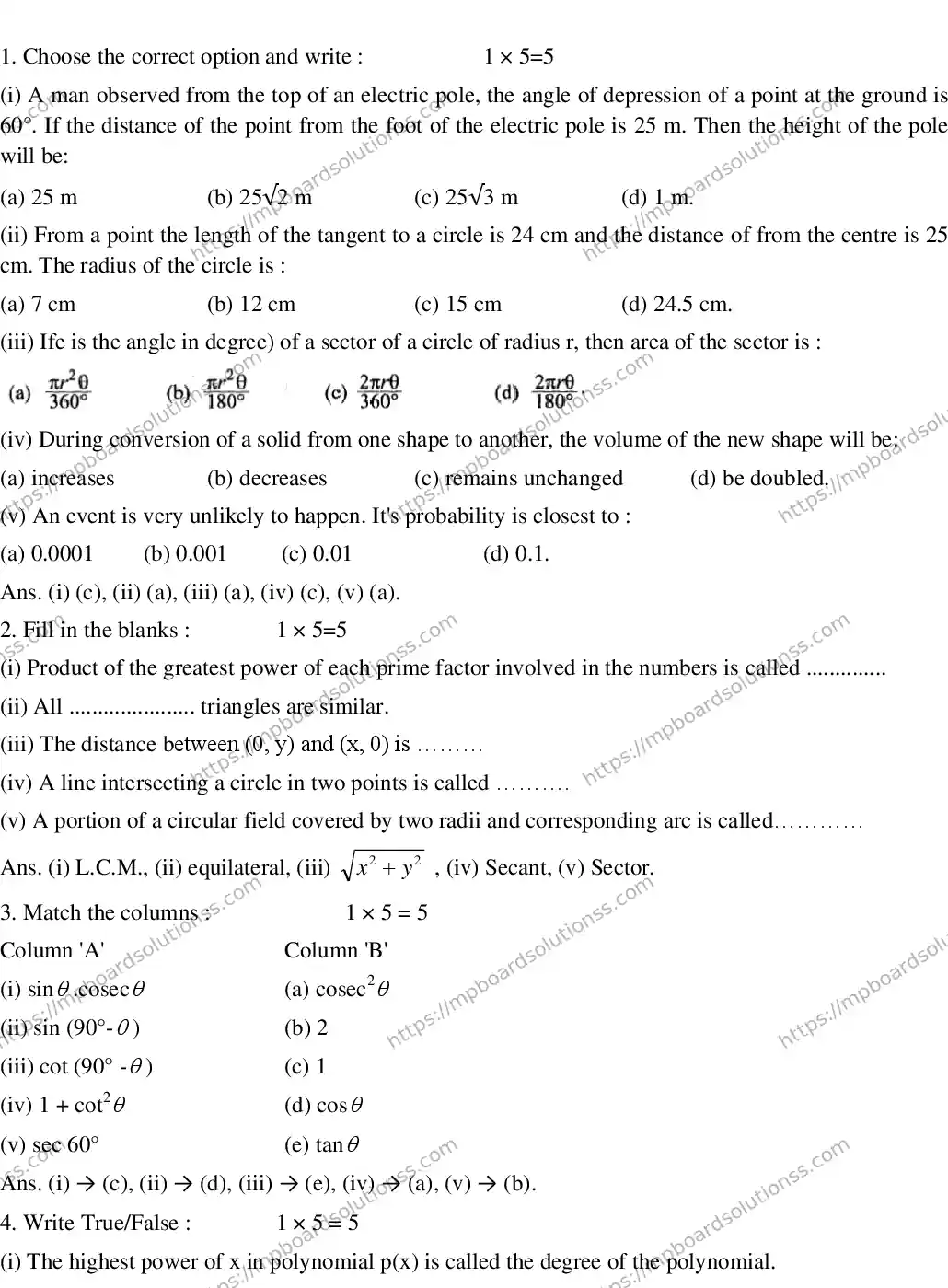MP Board CLASS 10 EM-MATHEMATICS-SET-4 2020 Sample Paper Image 1