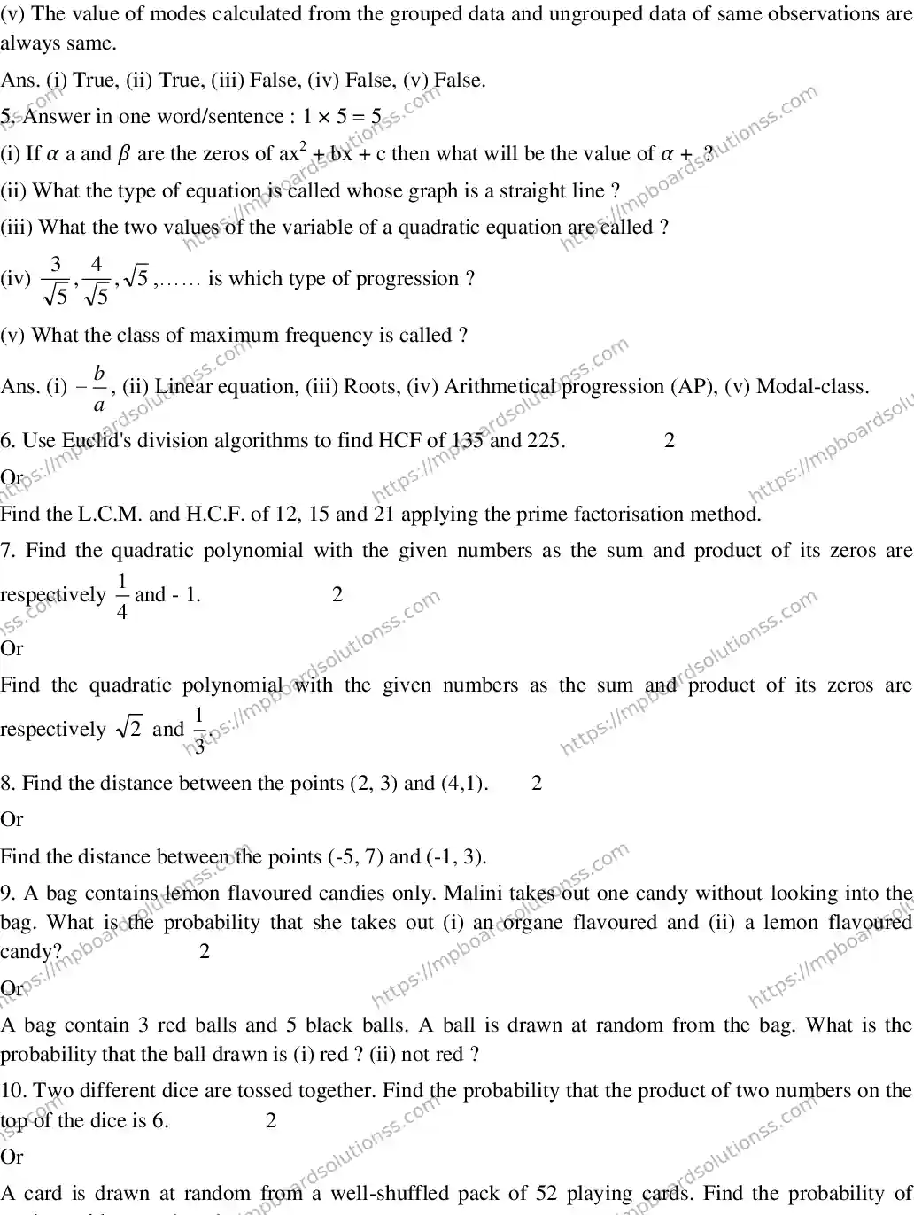MP Board CLASS 10 EM-MATHEMATICS-SET-4 2020 Sample Paper Image 2