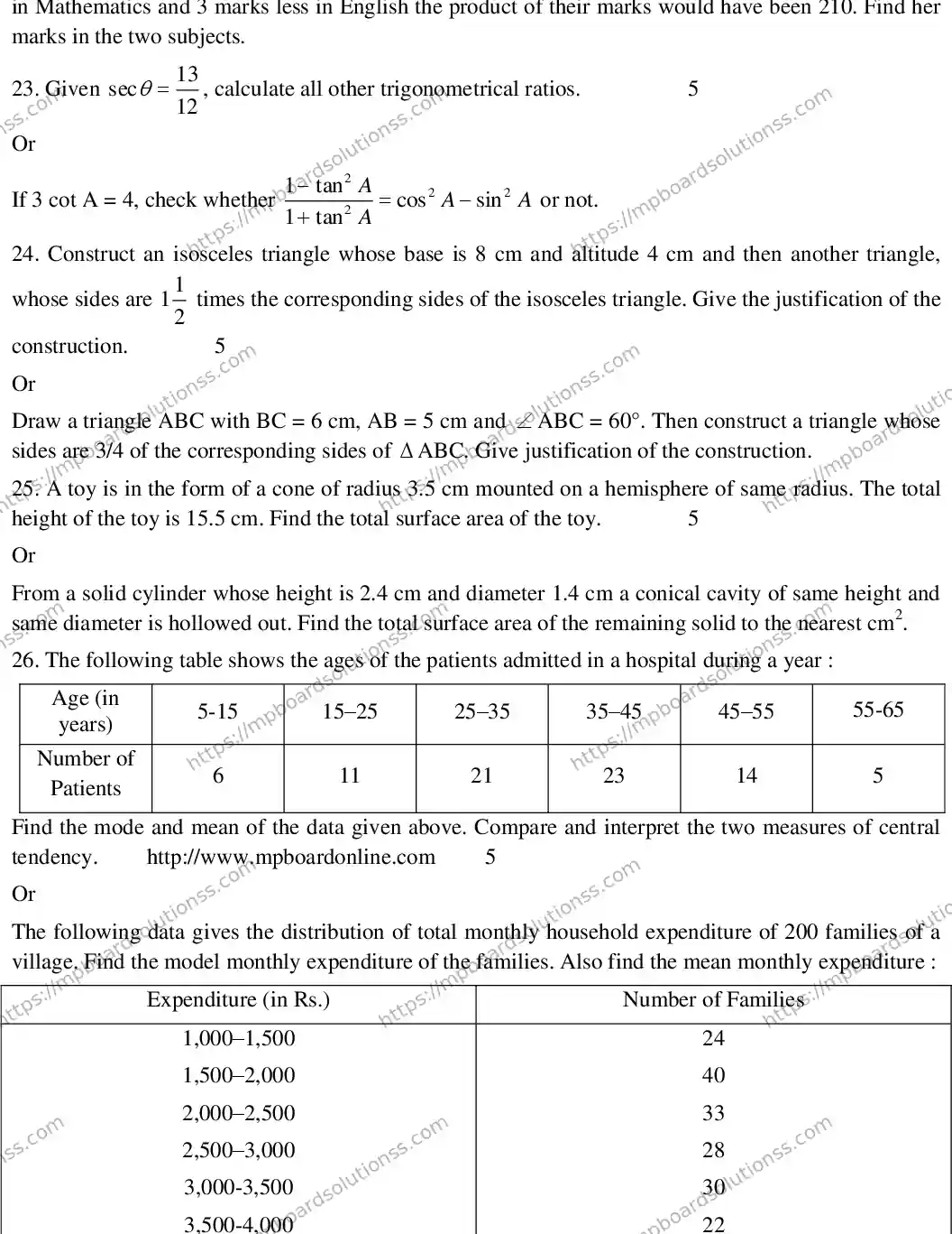 MP Board CLASS 10 EM-MATHEMATICS-SET-4 2020 Sample Paper Image 5