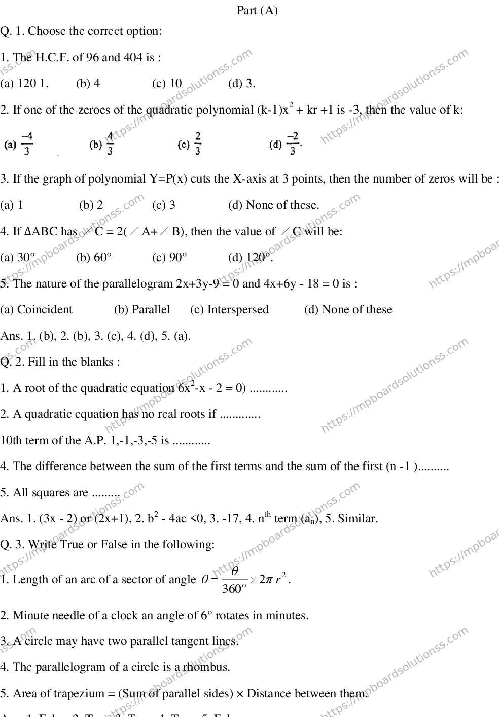 MP Board CLASS 10 EM-MATHEMATICS-SET-6 2020 Sample Paper Image 1