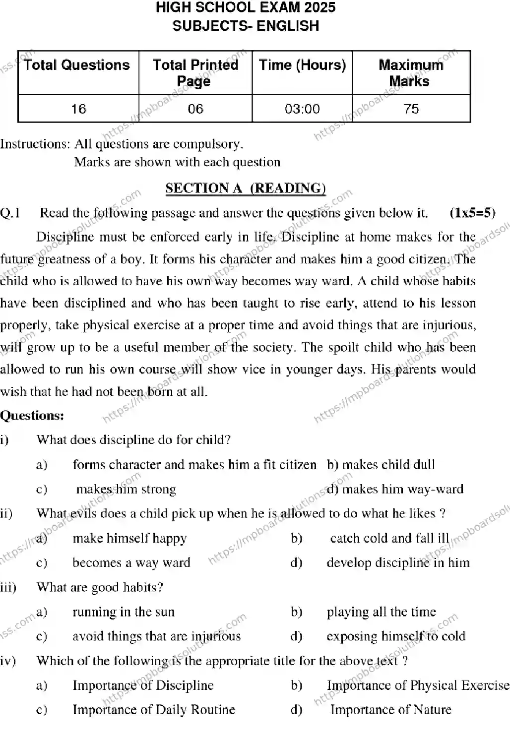 MP Board CLASS 10 ENGLISH 2025 Sample Paper Image 1
