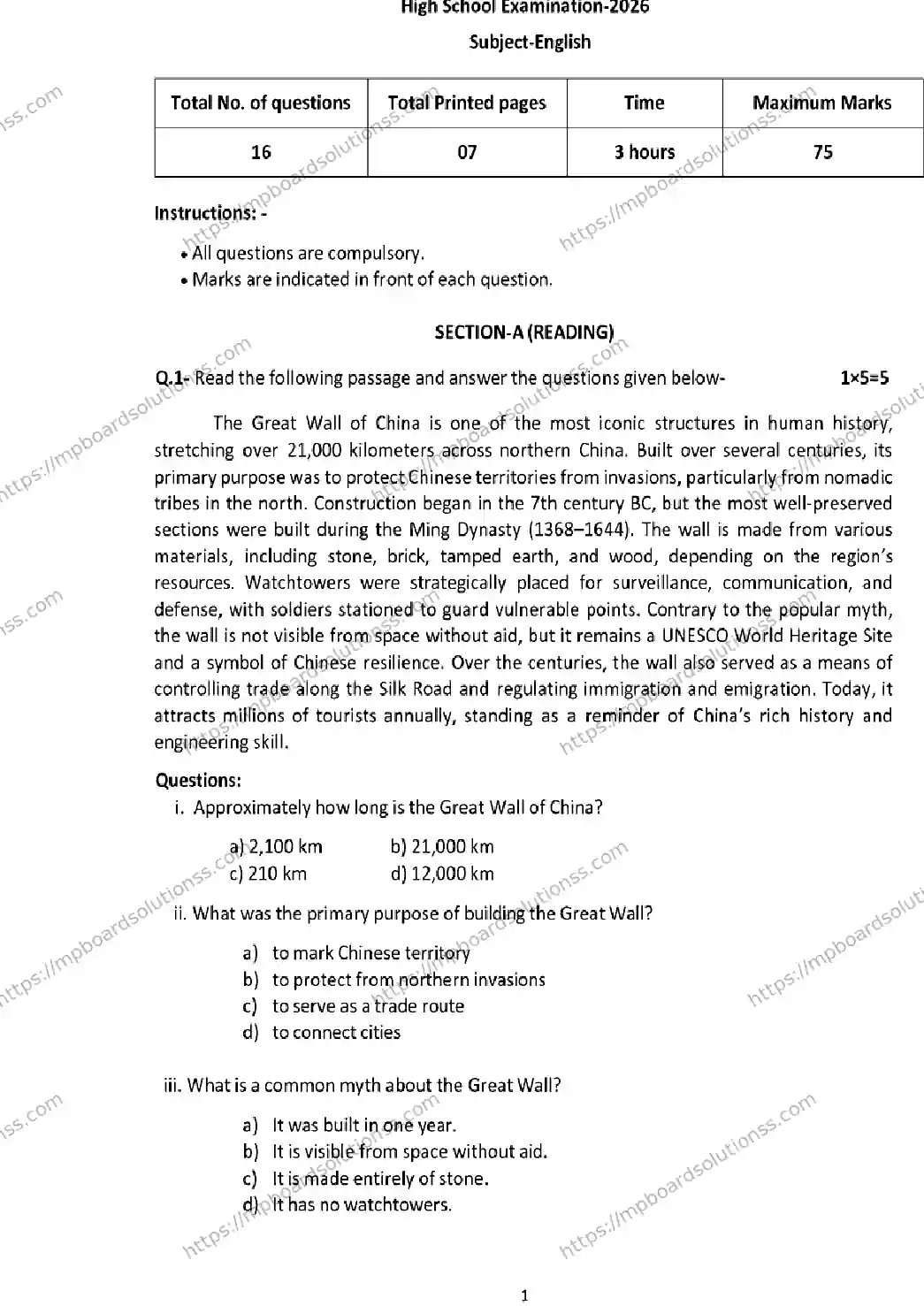 MP Board CLASS 10 ENGLISH 2026 Sample Paper Image 1