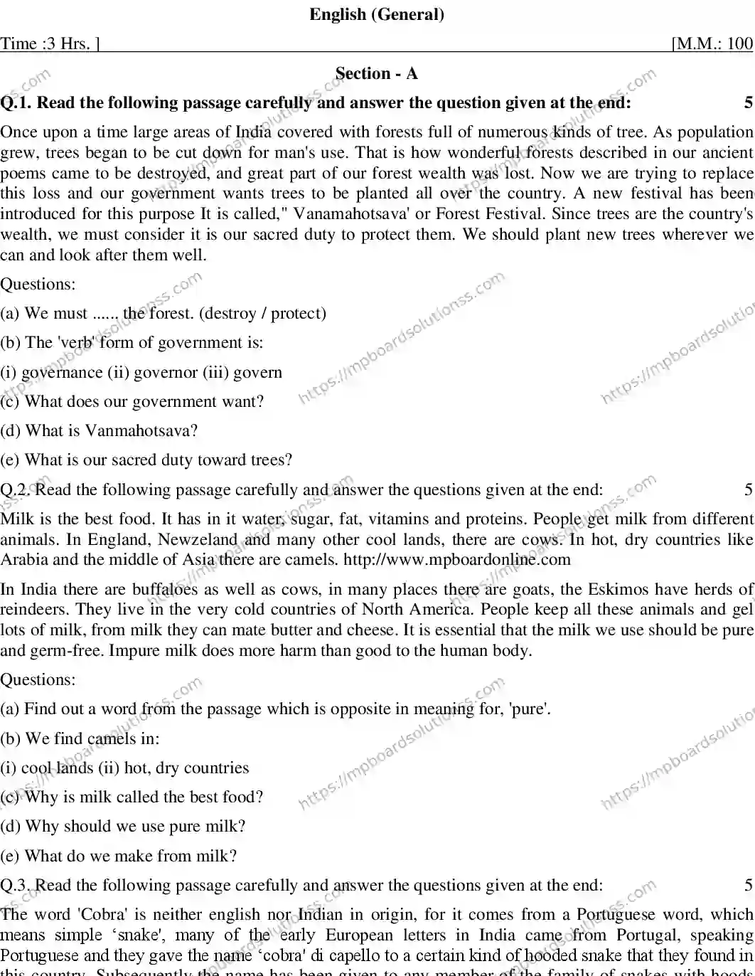 MP Board CLASS 10 ENGLISH-GENERAL-23 AN20 Sample Paper Image 1