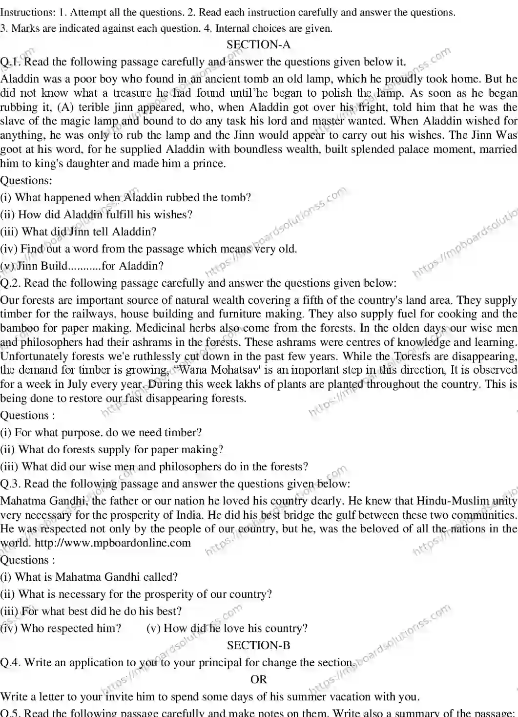 MP Board CLASS 10 ENGLISH-GENERAL-HM-3-WITH-A SWER Sample Paper Image 1