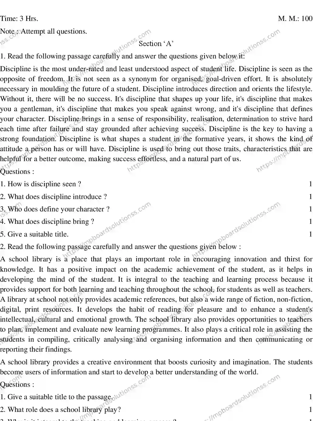 MP Board CLASS 10 ENGLISH-GENERAL-SET-2 2020 Sample Paper Image 1