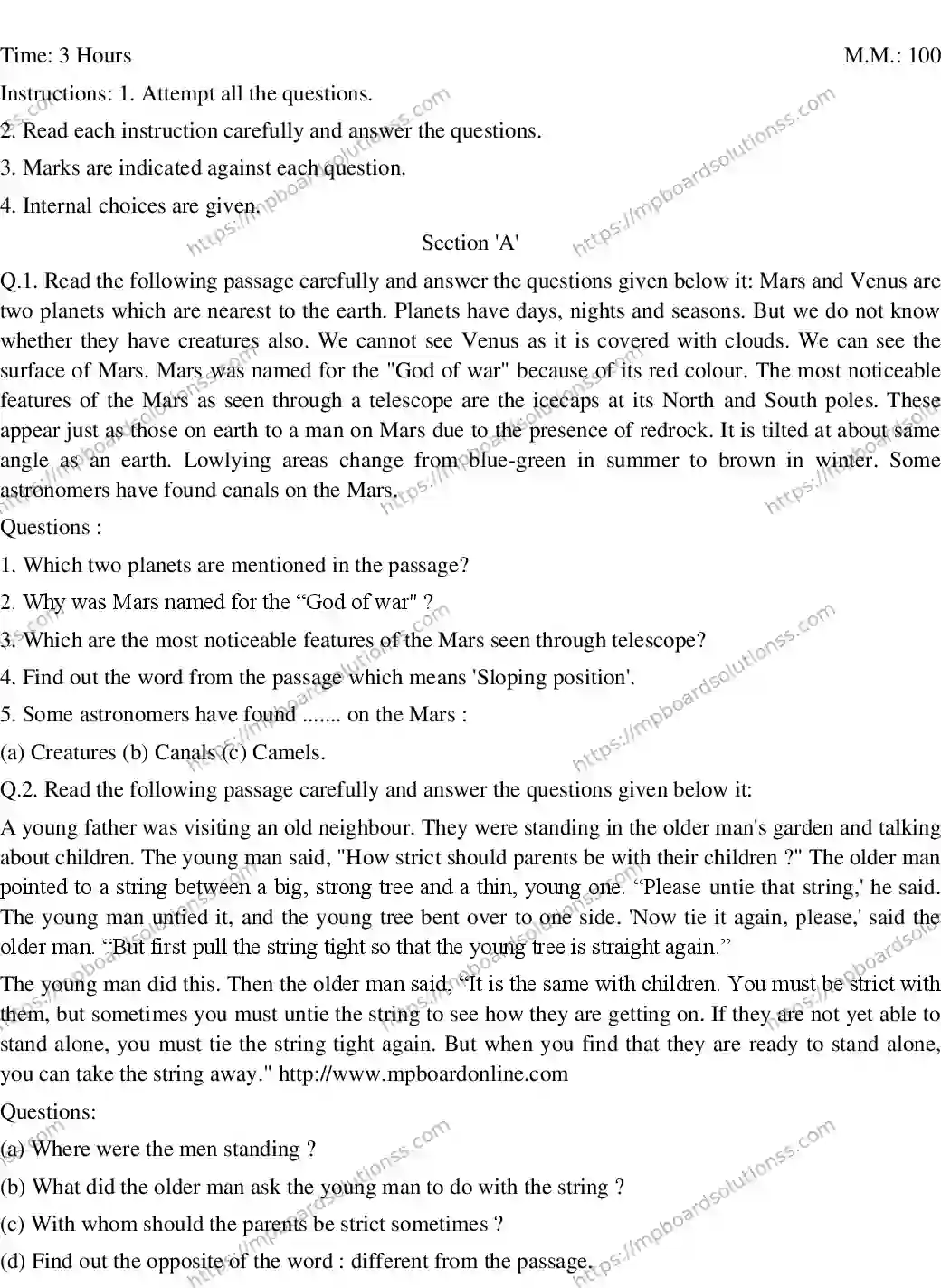 MP Board CLASS 10 ENGLISH-GENERAL-SET-6 2020 Sample Paper Image 1