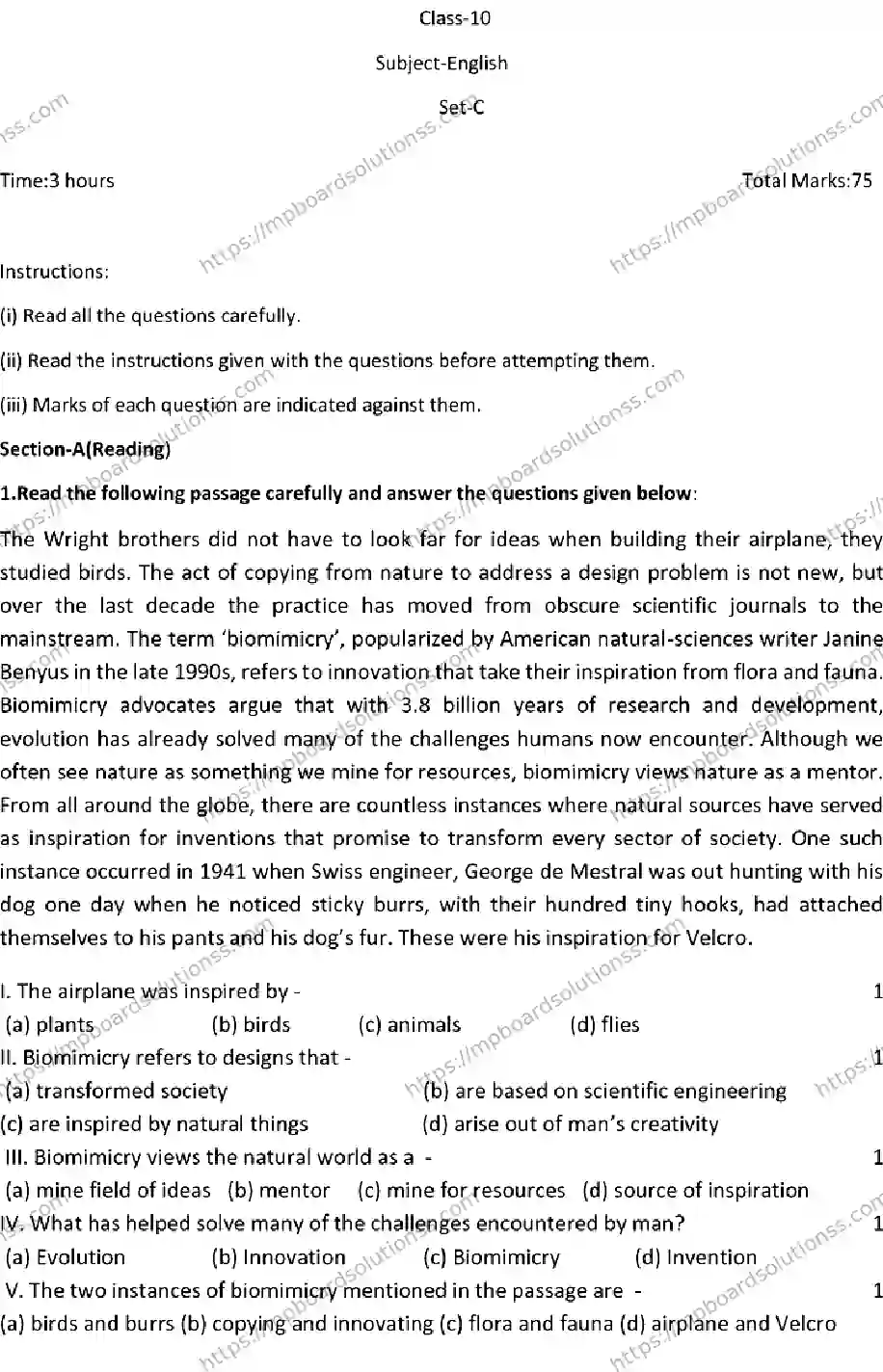 MP Board CLASS 10 ENGLISH-SET-C 2023 Sample Paper Image 1