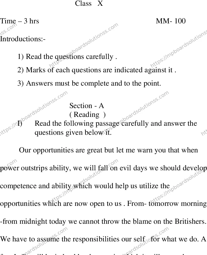 MP Board CLASS 10 ENGLISH-SPECIAL-LANGUAGE-SET-1-3 0001 Sample Paper Image 1