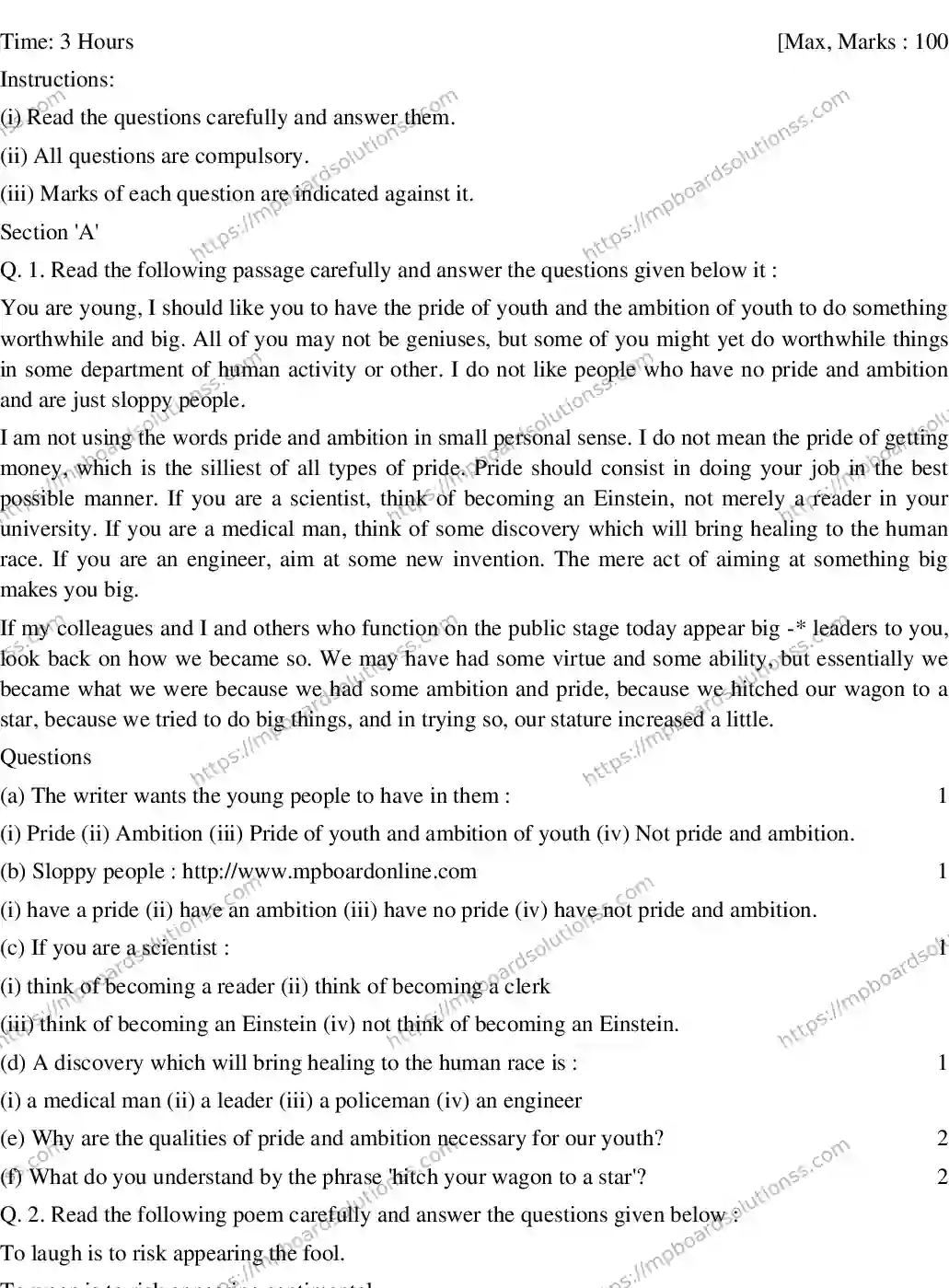 MP Board CLASS 10 ENGLISH-SPECIAL-SET-2 2020 Sample Paper Image 1