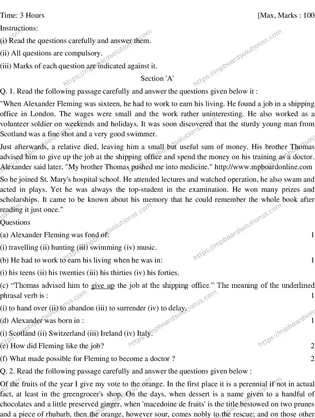 MP Board CLASS 10 ENGLISH-SPECIAL-SET-3 2020 Sample Paper Image 1