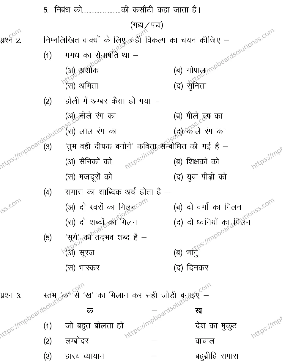 MP Board CLASS 10 HINDI-GENERAL-LANGUAGE-SET-4-3 0007 Sample Paper Image 2