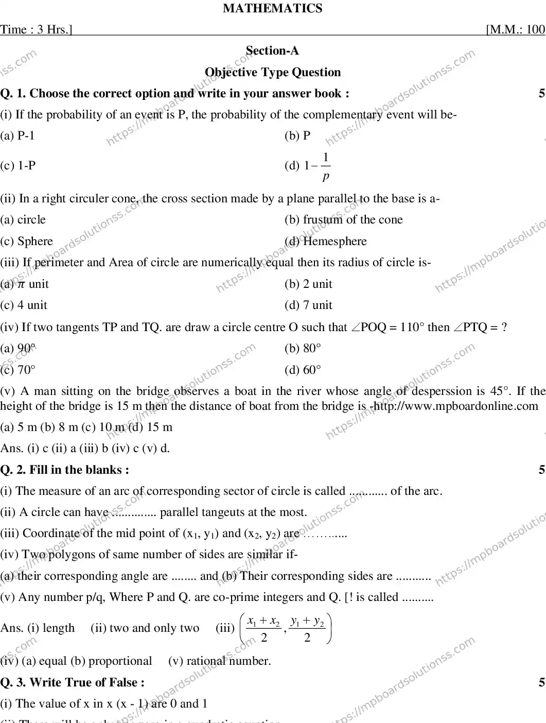 MP Board CLASS 10 MATHEMATICS-(ENGLISH)-23 AN20 Sample Paper Image 1