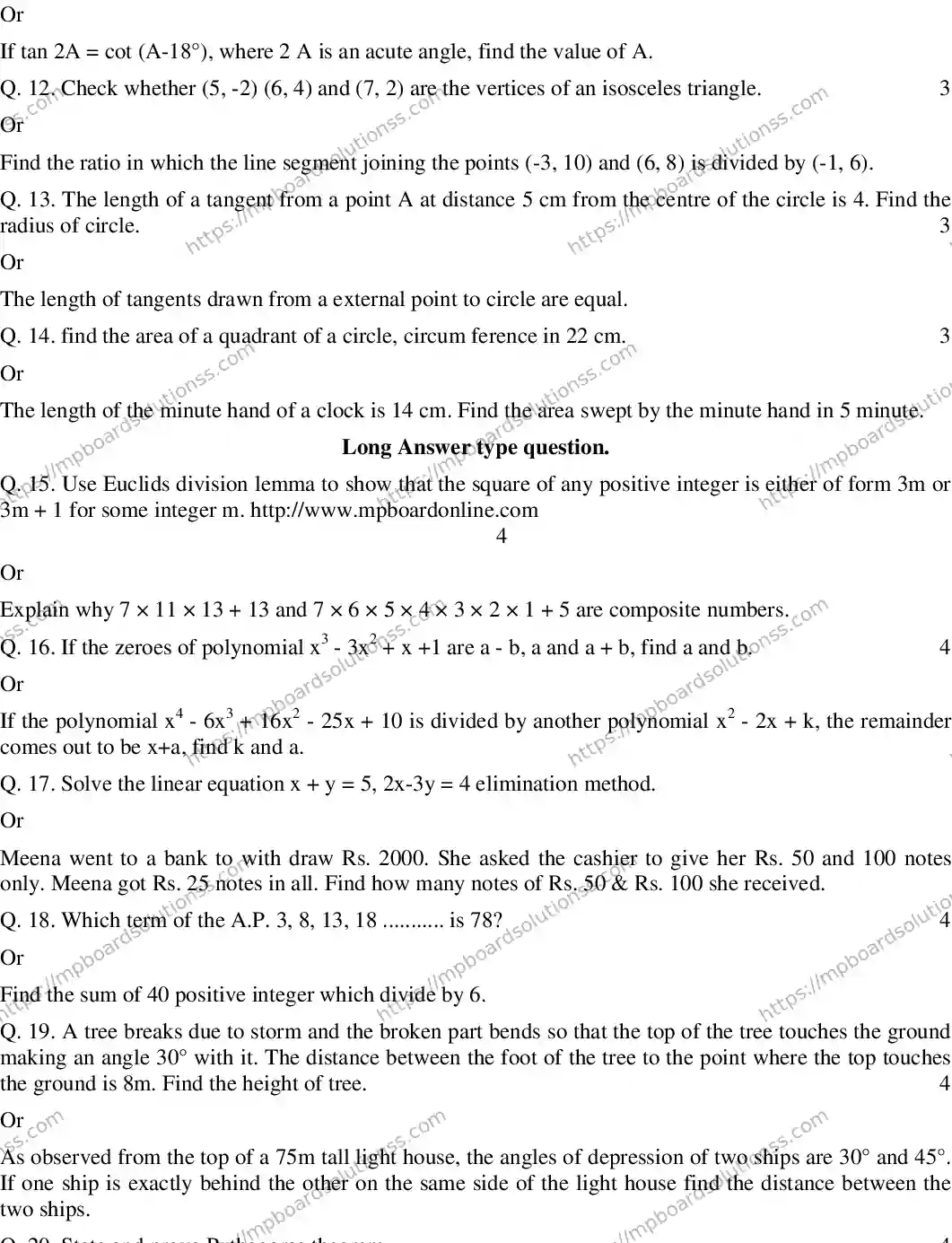 MP Board CLASS 10 MATHEMATICS-(ENGLISH)-23 AN20 Sample Paper Image 3