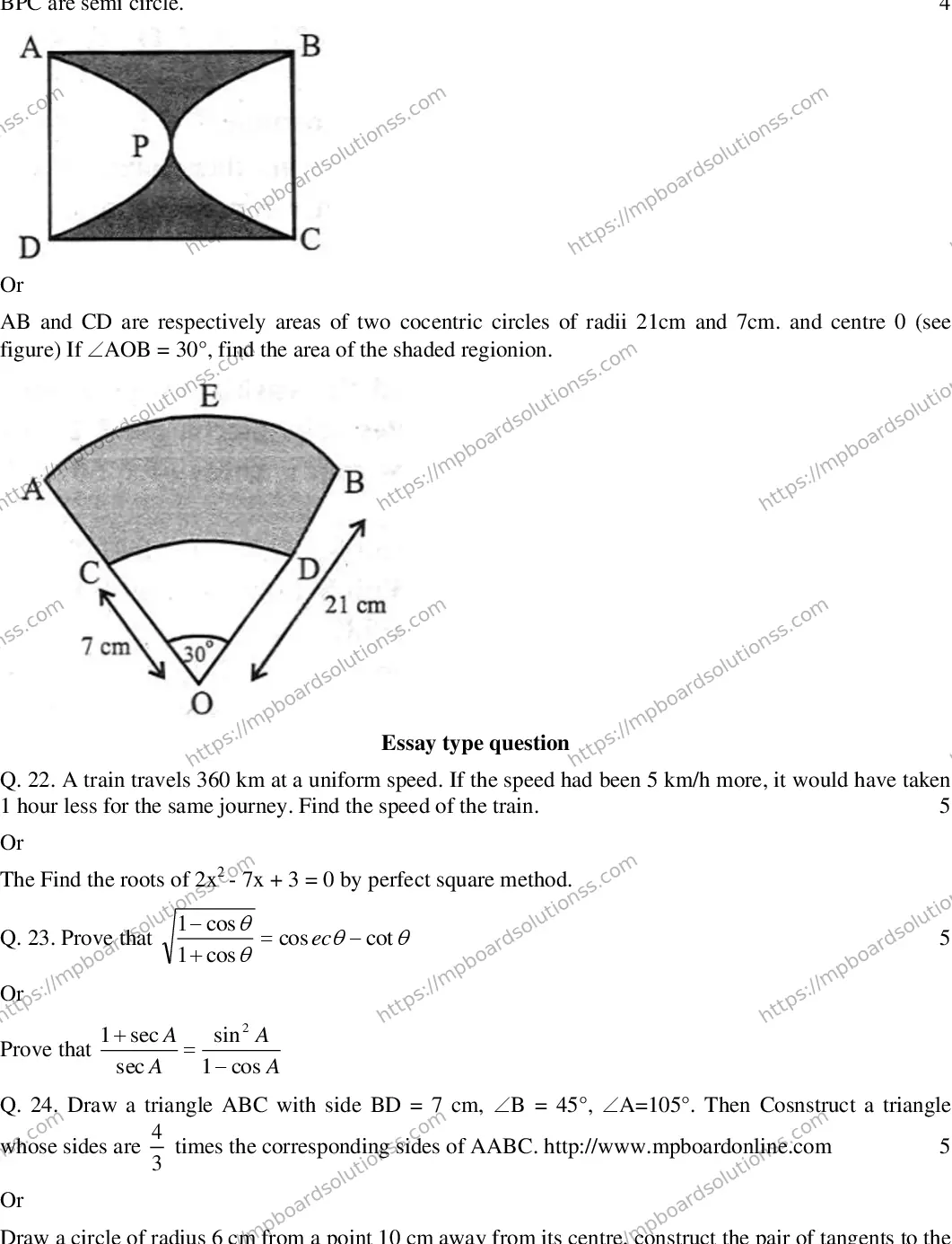 MP Board CLASS 10 MATHEMATICS-(ENGLISH)-23 AN20 Sample Paper Image 4