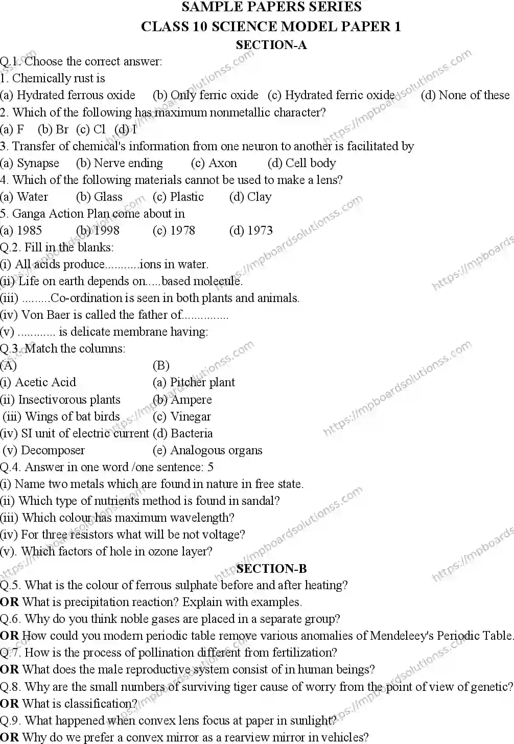 MP Board CLASS 10 SCIENCE-1-WITH-ANSWER-EM 2019 Sample Paper Image 1