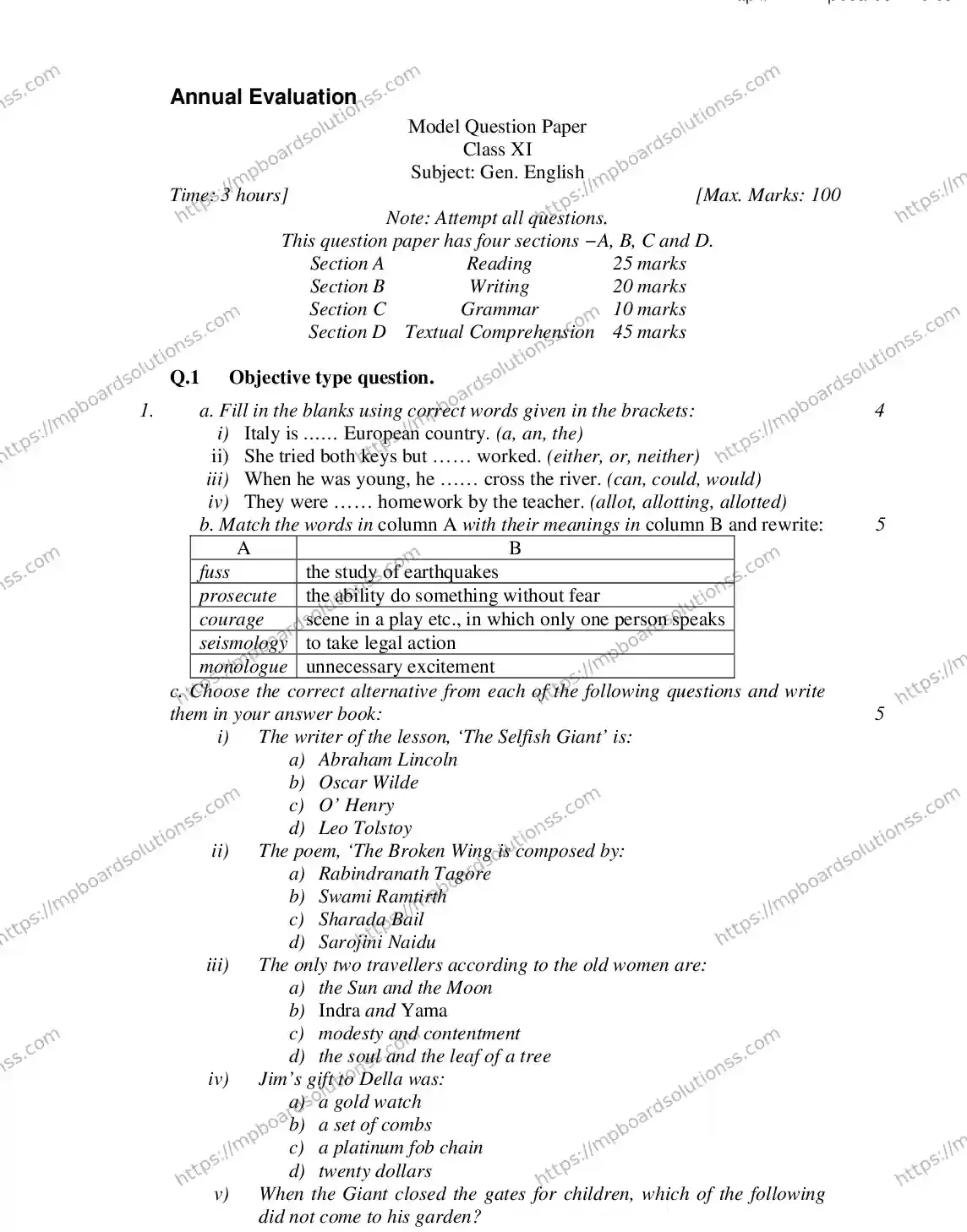 MP Board CLASS 11 ENGLISH-GENERAL 2018 Sample Paper Image 1