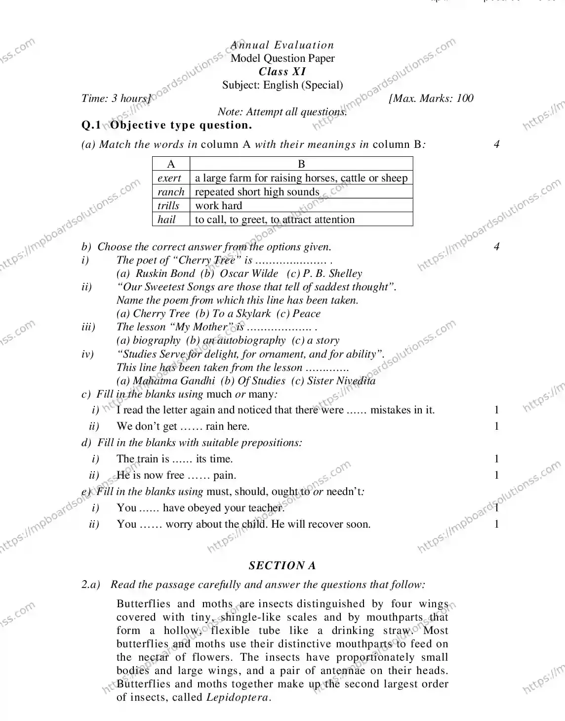 MP Board CLASS 11 ENGLISH-SPECIAL 2018 Sample Paper Image 1