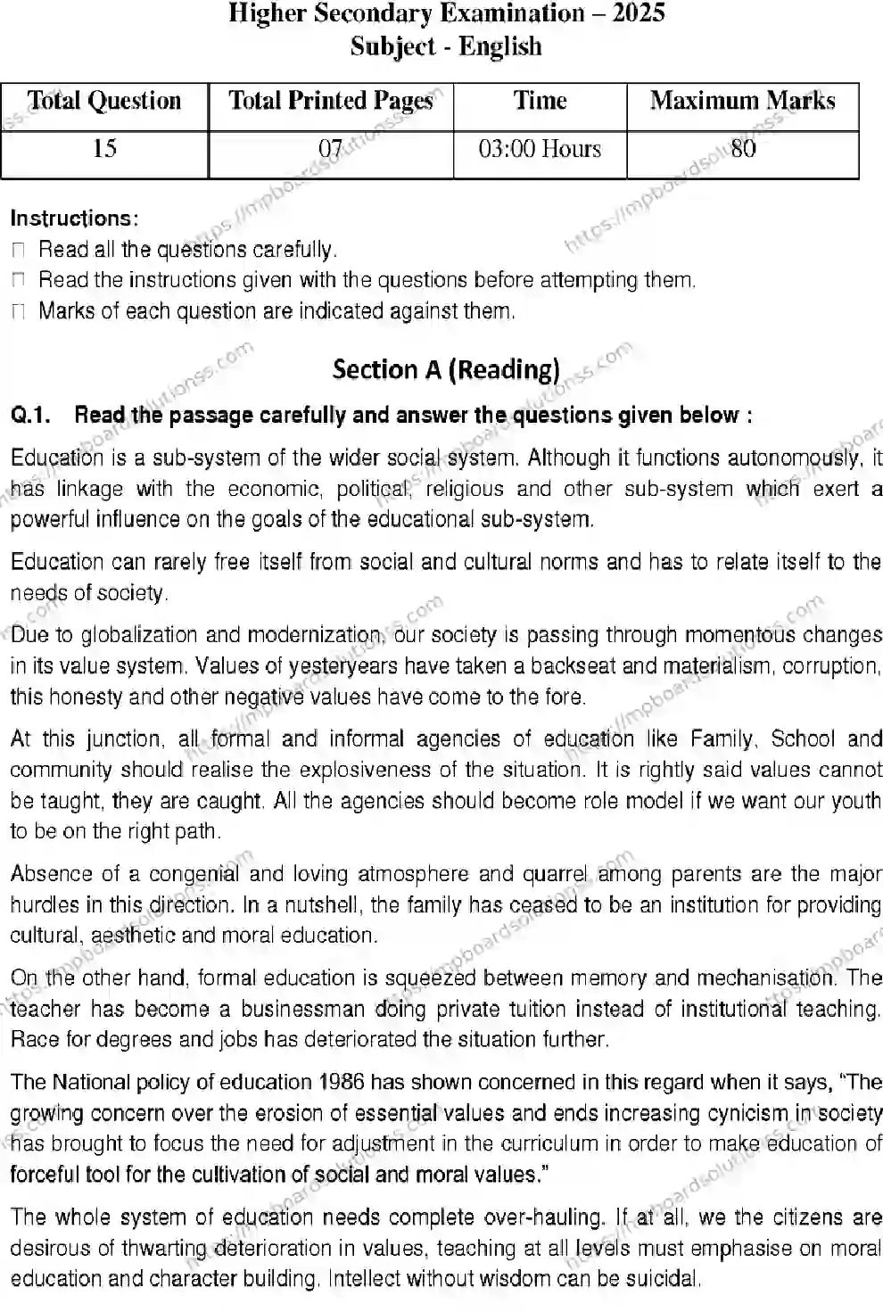 MP Board Class 12 English 2025 Sample Paper Image 1